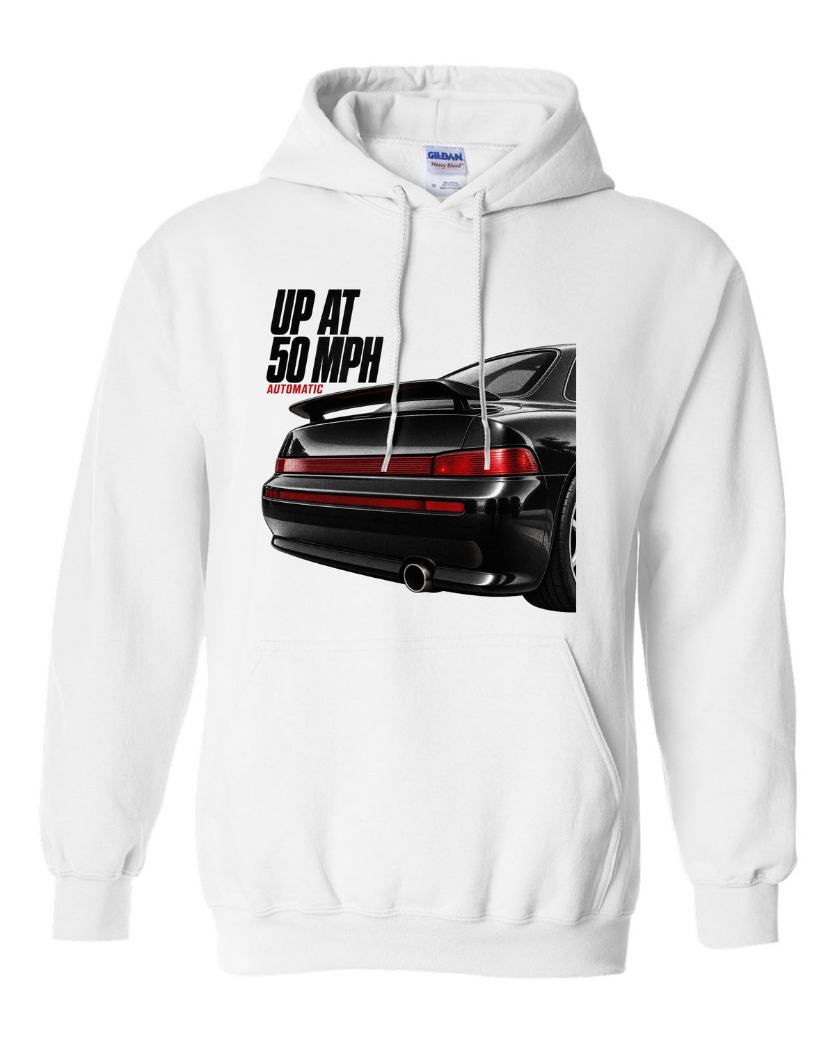 Detail macro print of the Porsche 911 Carrera 2 (964) rear spoiler with the caption Up At 50 MPH white pull over hoodie front view with the design