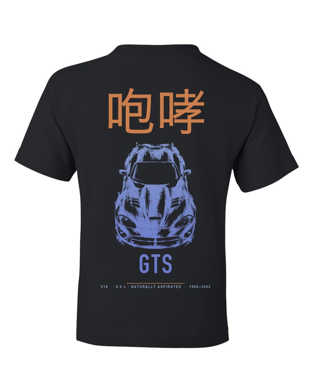 GTS full-back artwork black kids tee back view with the design
