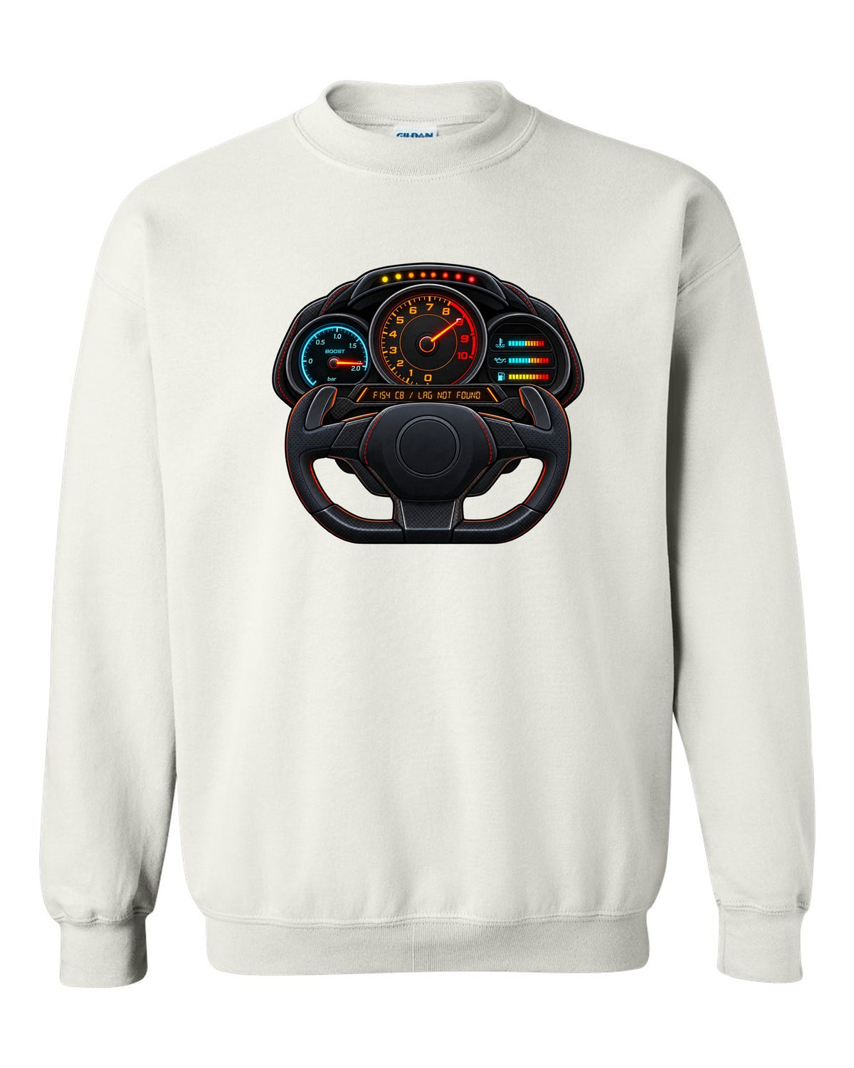 Ferrari 488 GTB boost gauge cockpit print with F154 CB engine code white crewneck front view with the design
