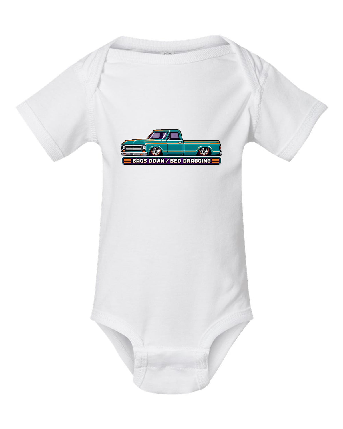 8/16-bit pixel art print of a bagged 1967-72 Chevrolet C10 Action Line Fleetside with bags down bed dragging lettering white baby onesie front view with the design