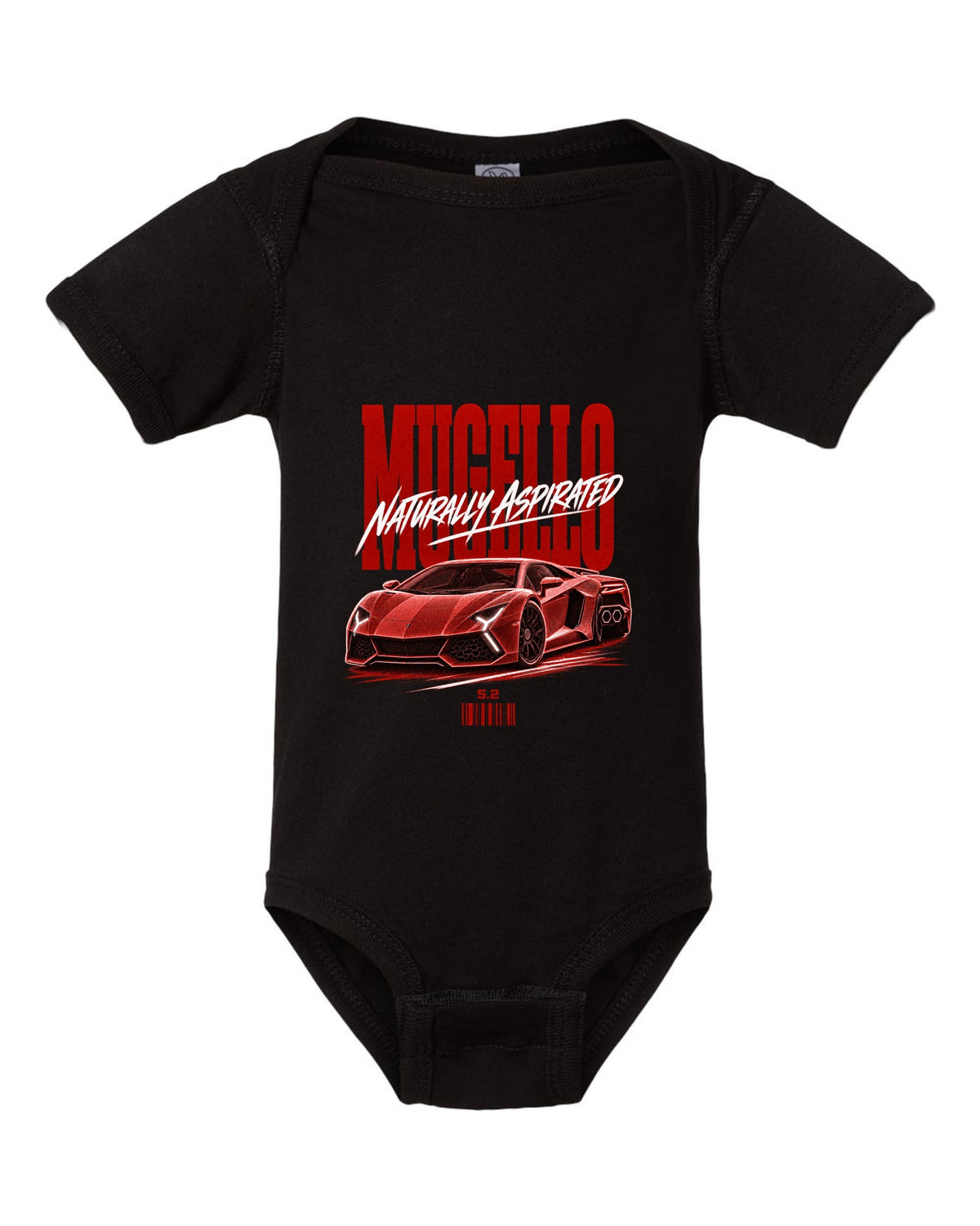Street poster print of a Lamborghini Huracan Tecnica LP640-2 with Mugello and Naturally Aspirated text black baby onesie front view with the design