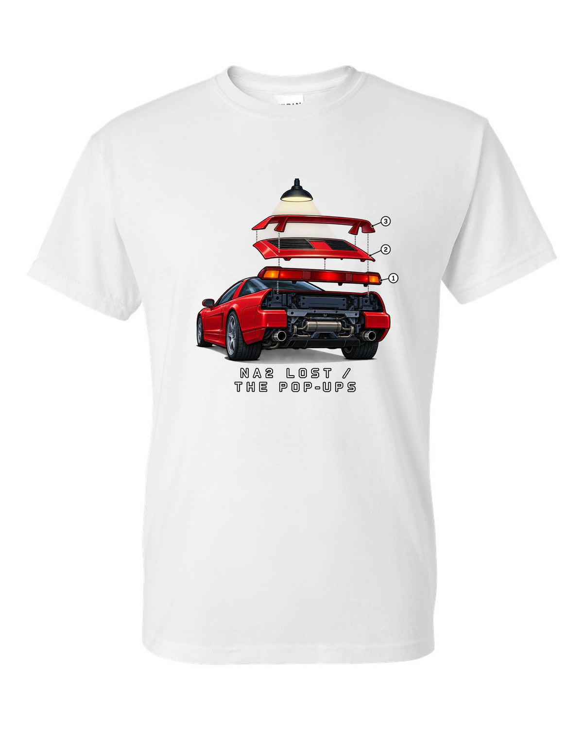 Isometric exploded taillight diagram of a 2002 Honda NSX NA2 with NA2 Lost The Pop-Ups lettering white t-shirt front view with the design