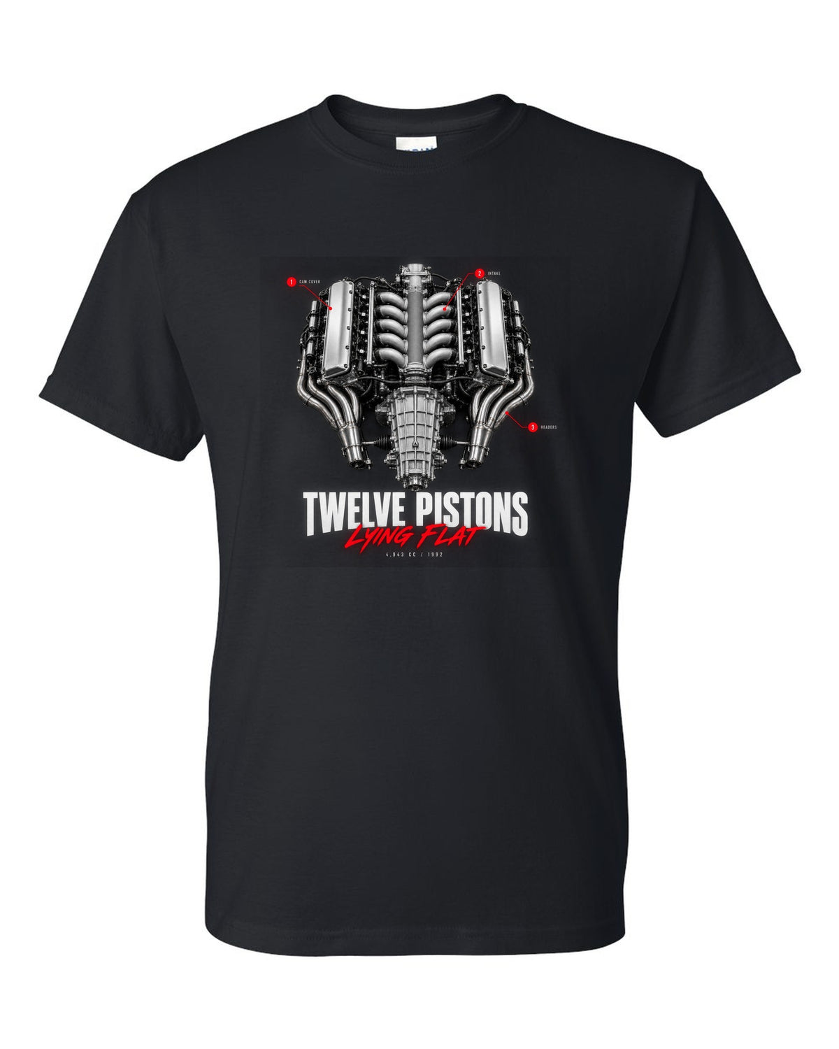 Engine callout print of the Ferrari 512 TR and F512 M flat-12 with the text Twelve Pistons Lying Flat black t-shirt front view with the design