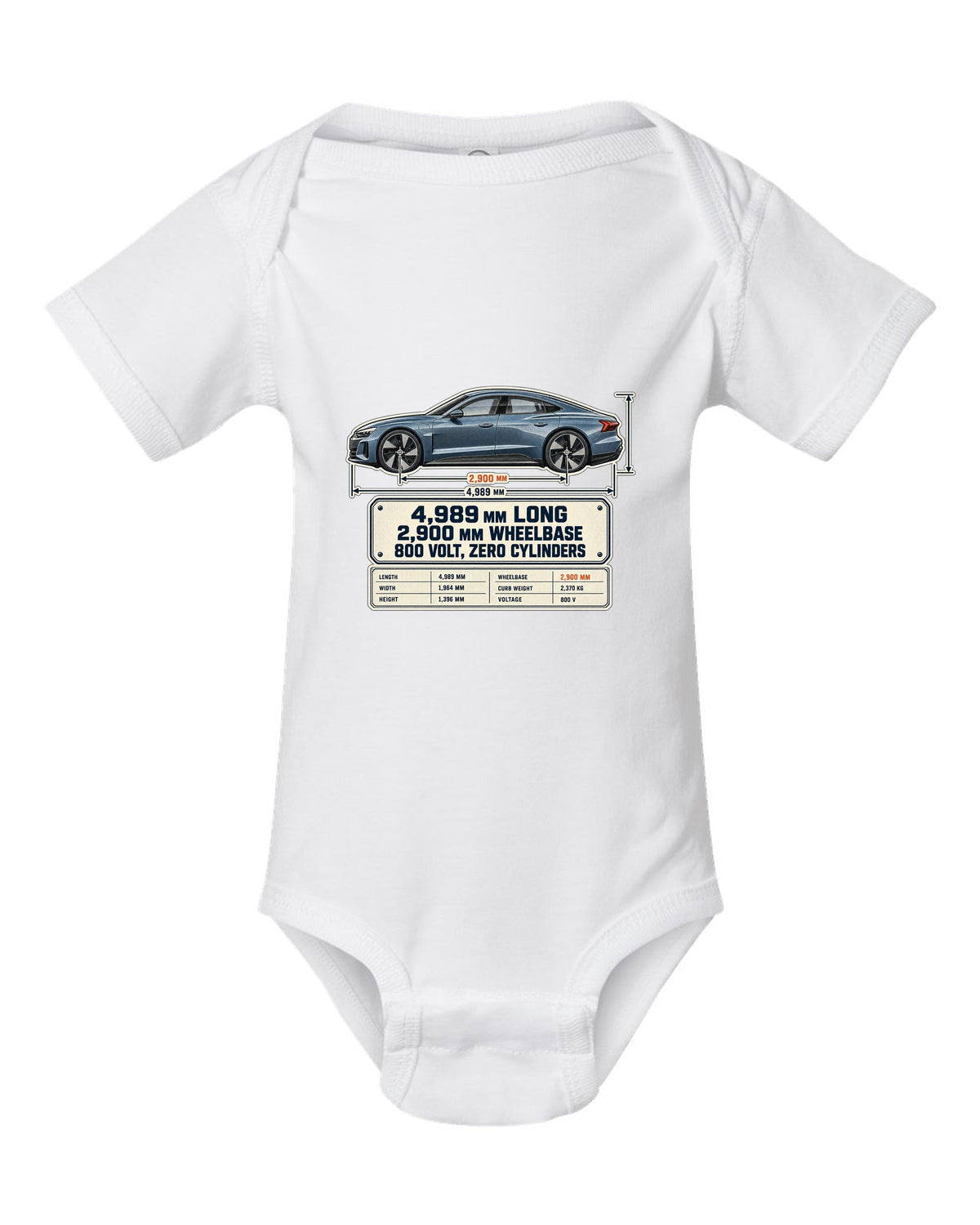 Audi RS e-tron GT J1 dimension blueprint print design white baby onesie front view with the design