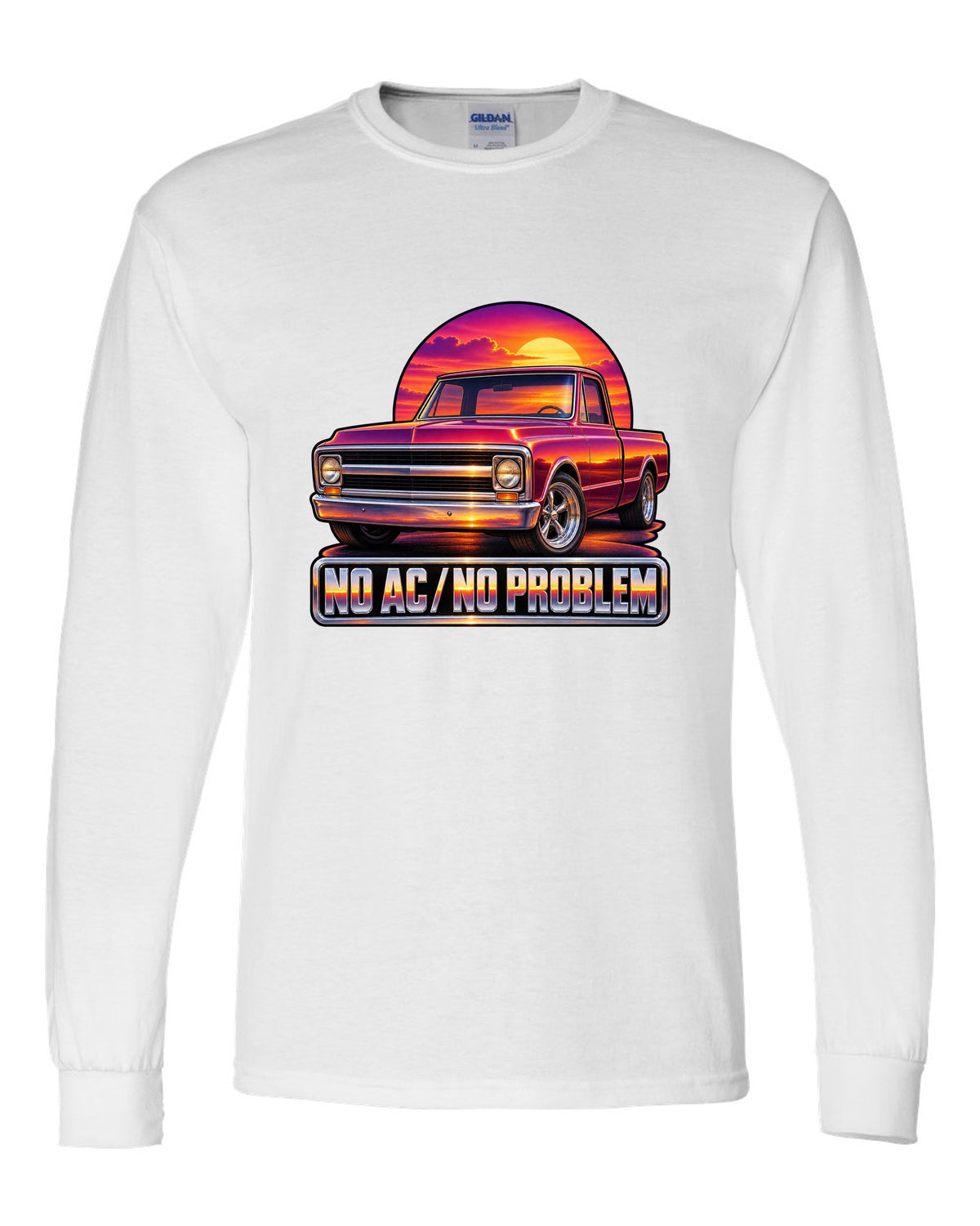 70s airbrush sunset grille print of a 1967-72 Chevrolet C10 Action Line Fleetside with no AC text white long sleeve front view with the design