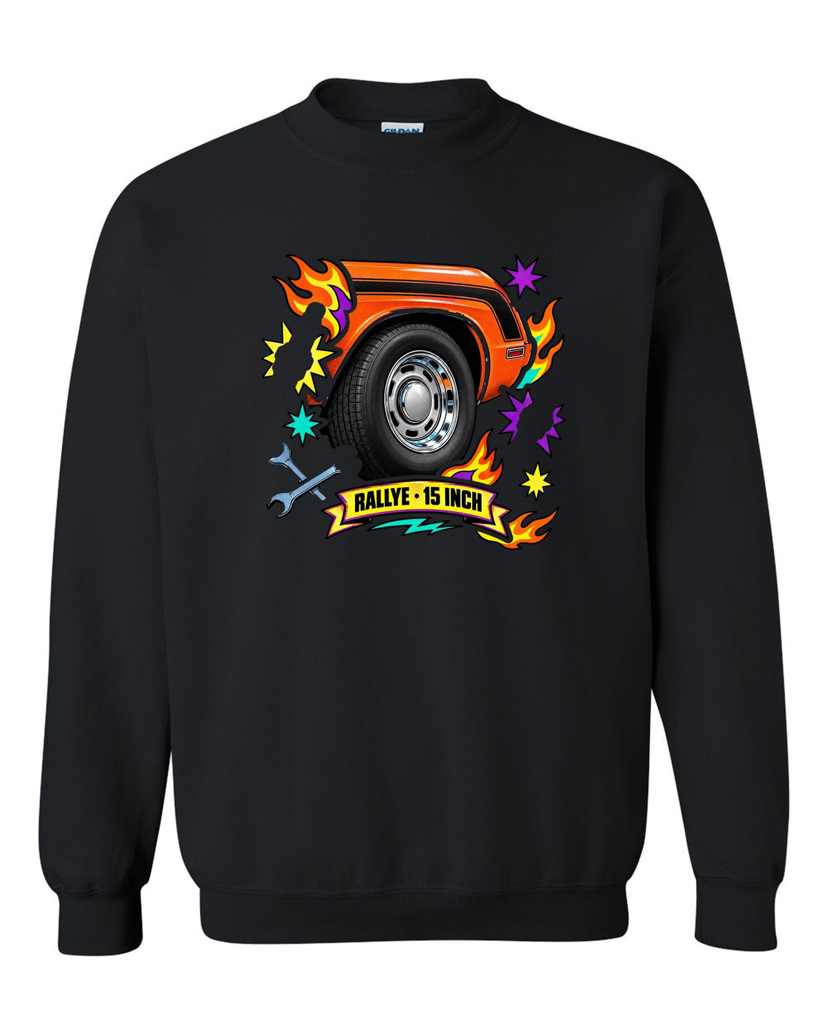 Sticker-bomb collage print of a 1970 Dodge Challenger R/T with Rallye wheel text black crewneck front view with the design