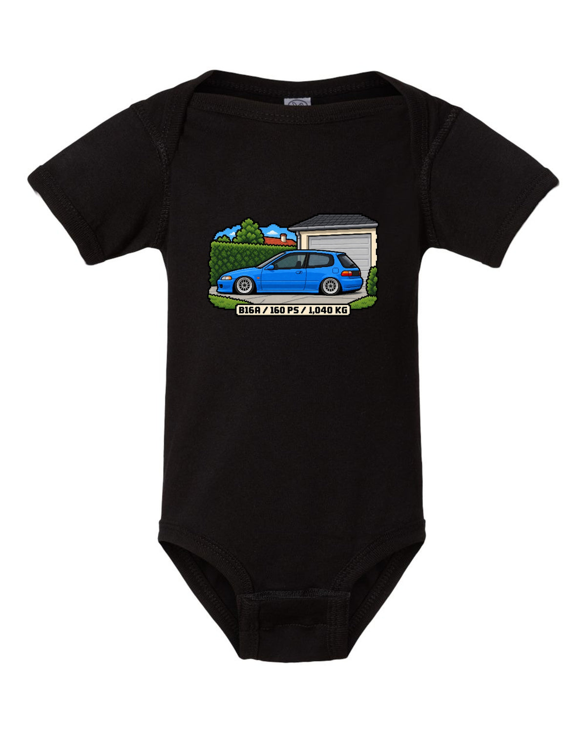 16-bit pixel art print of a 1992 Honda Civic EG6 ch with B16A and 160 PS text black baby onesie front view with the design