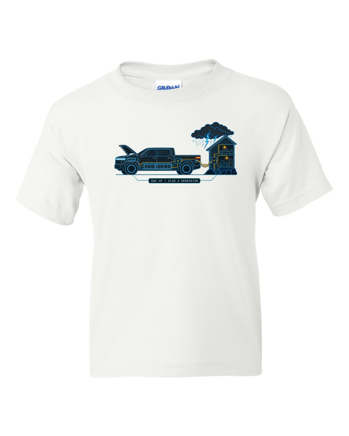 Ford F-150 Lightning electrical schematic diagram print with 580 HP and generator text white kids tee front view with the design