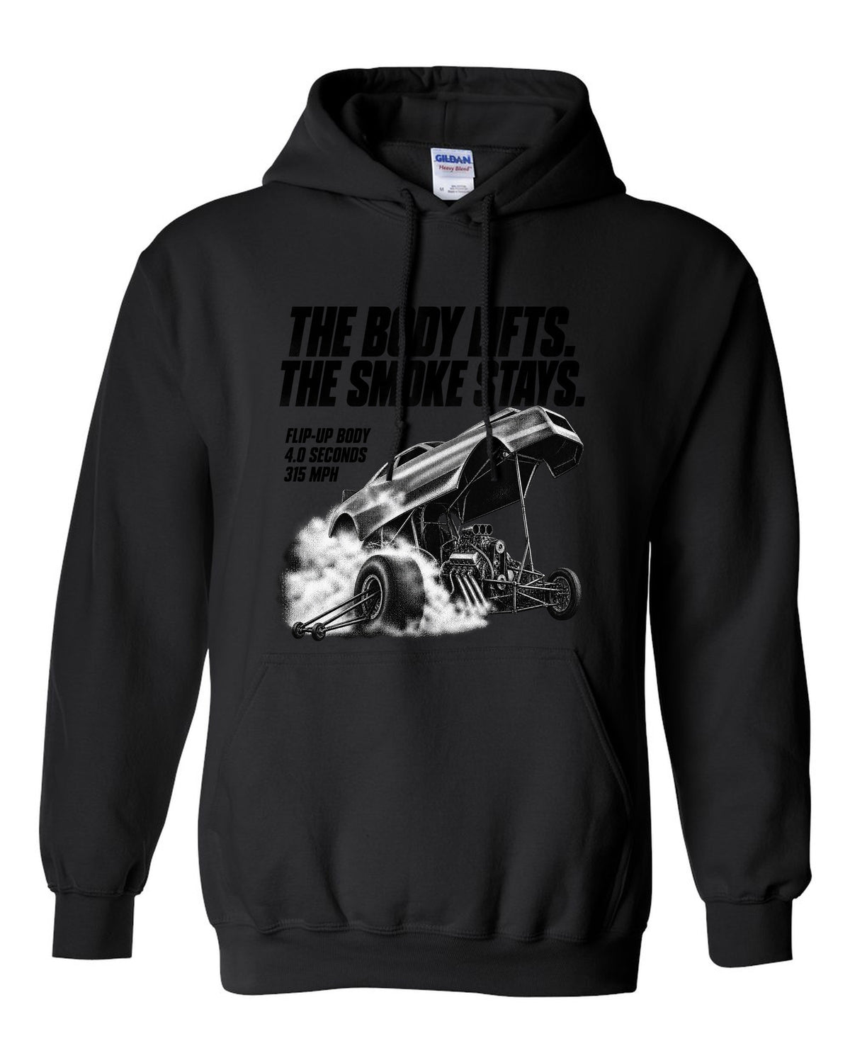 Funny Car flip-up body halftone print with 4.0 seconds and 315 mph text black pull over hoodie front view with the design