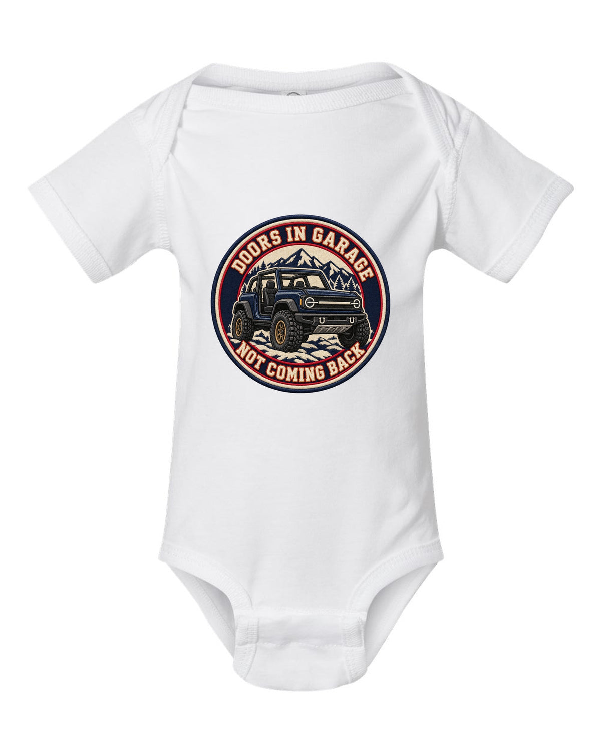 Embroidery-style varsity crest of a 2021 Ford Bronco with doors and roof off at the beach white baby onesie front view with the design