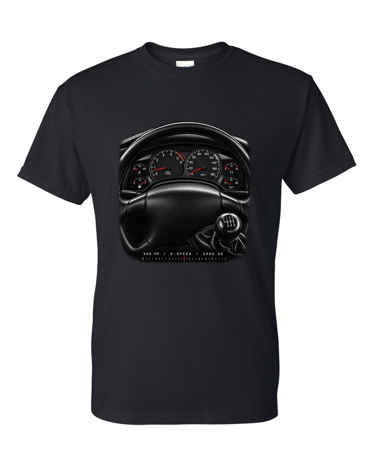 Gauge cluster print of a 2000 fourth-gen Chevrolet Camaro SS with 320 hp and 6-speed text black t-shirt front view with the design