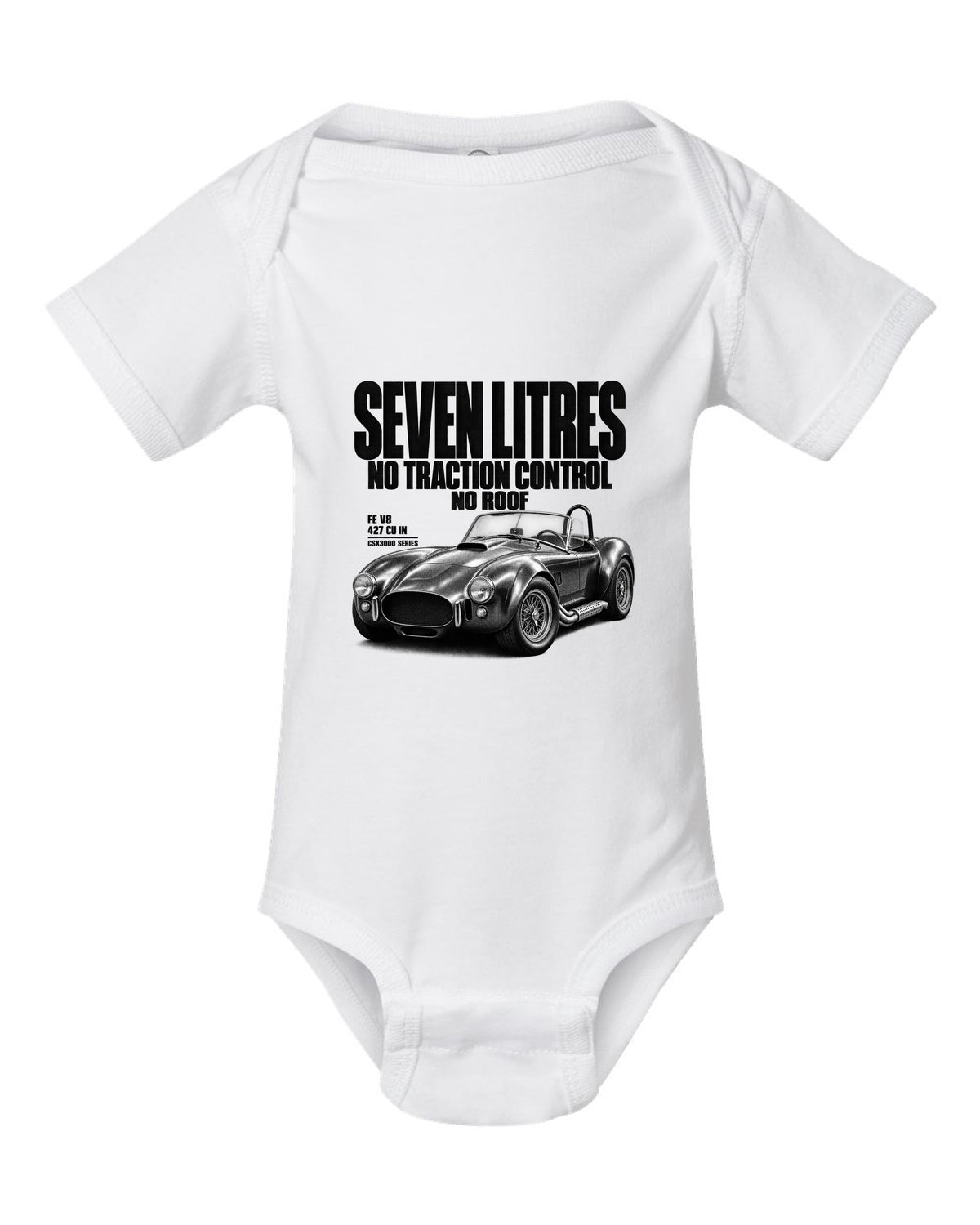 Shelby Cobra 427 Side-Oiler Halftone white baby onesie front view with the design