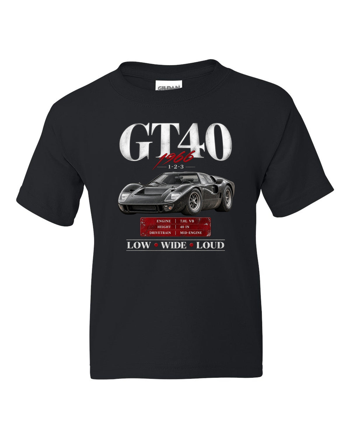 Archive panel print of a 1966 Ford GT40 Mk II with spec callouts black kids tee front view with the design
