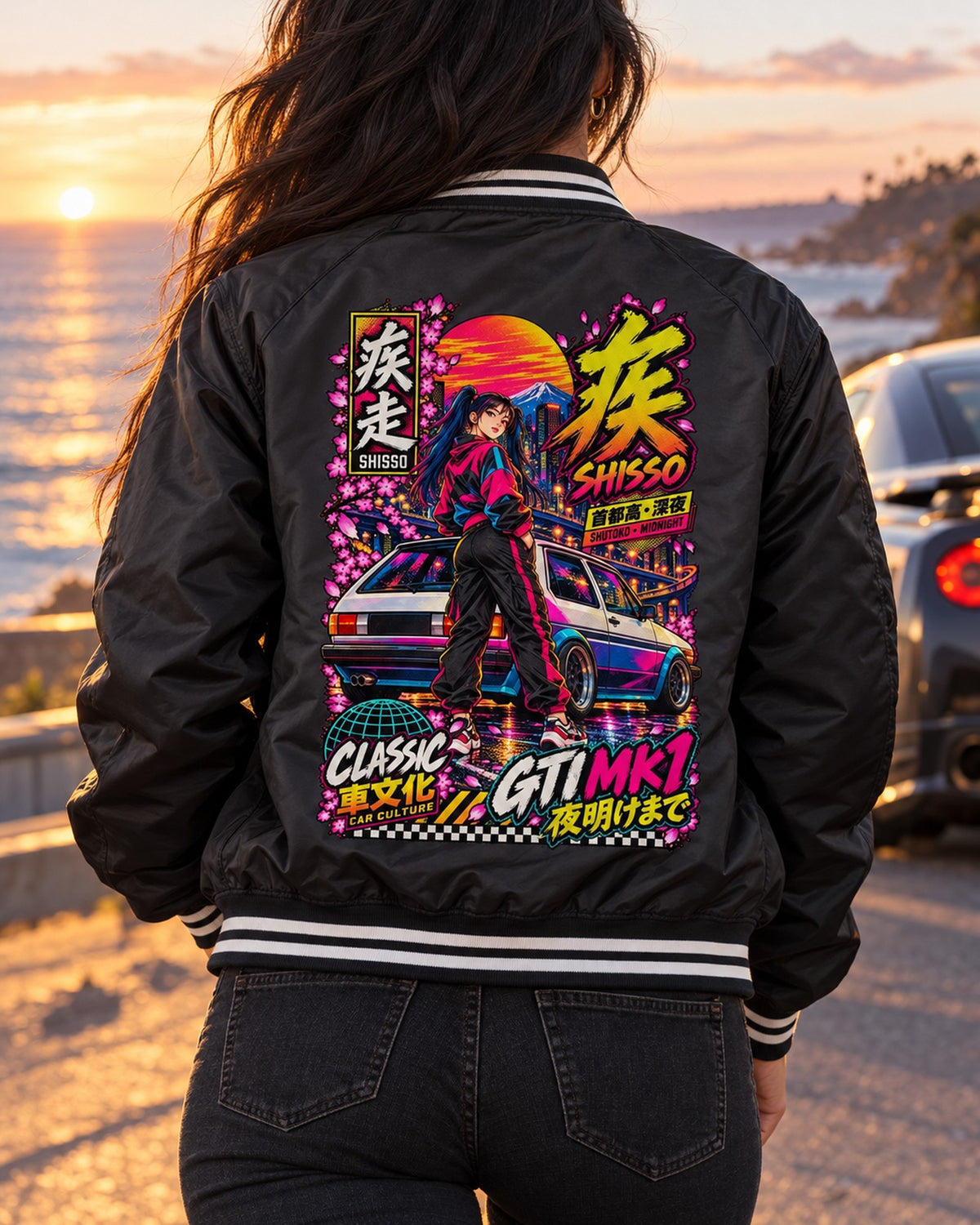 SHISSO GTI MK1 Anime Girl Full-Back Graphic Tee Bomber Jacket Black worn hero