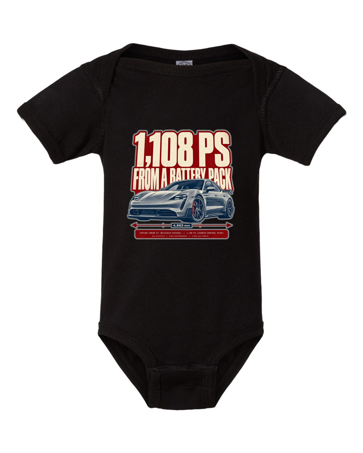 Halftone print of a low front three-quarter Porsche Taycan Turbo GT with 1,108 PS text black baby onesie front view with the design