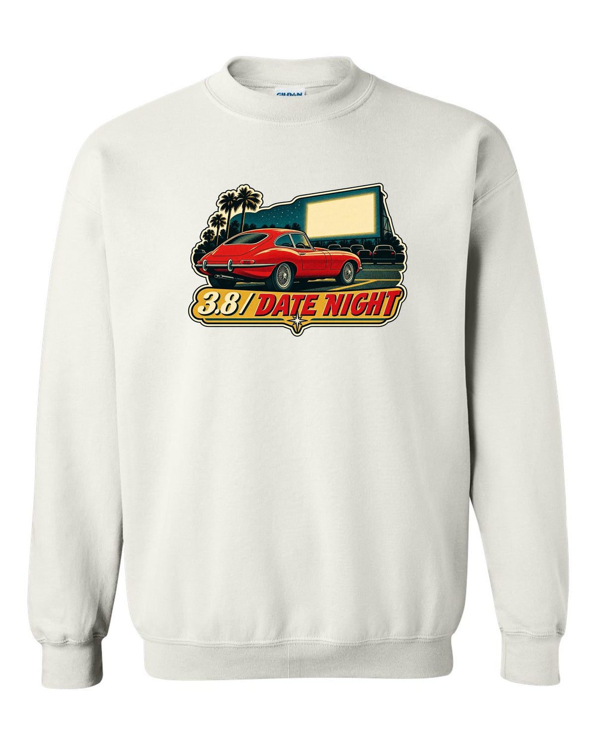 Jaguar E-Type Series 1 vintage race poster with 3.8 DATE NIGHT lettering white crewneck front view with the design
