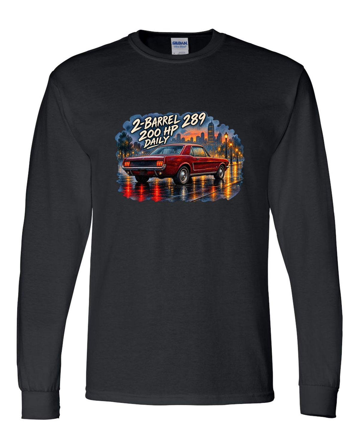 Watercolour wet-road night print of a 1965 Ford Mustang coupe with 2-barrel 289 text black long sleeve front view with the design