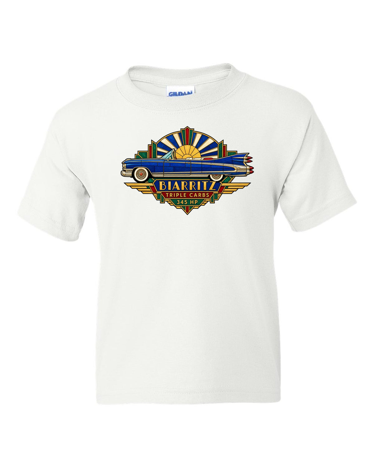 1959 Cadillac Eldorado Biarritz in Art Deco stained-glass geometric style white kids tee front view with the design