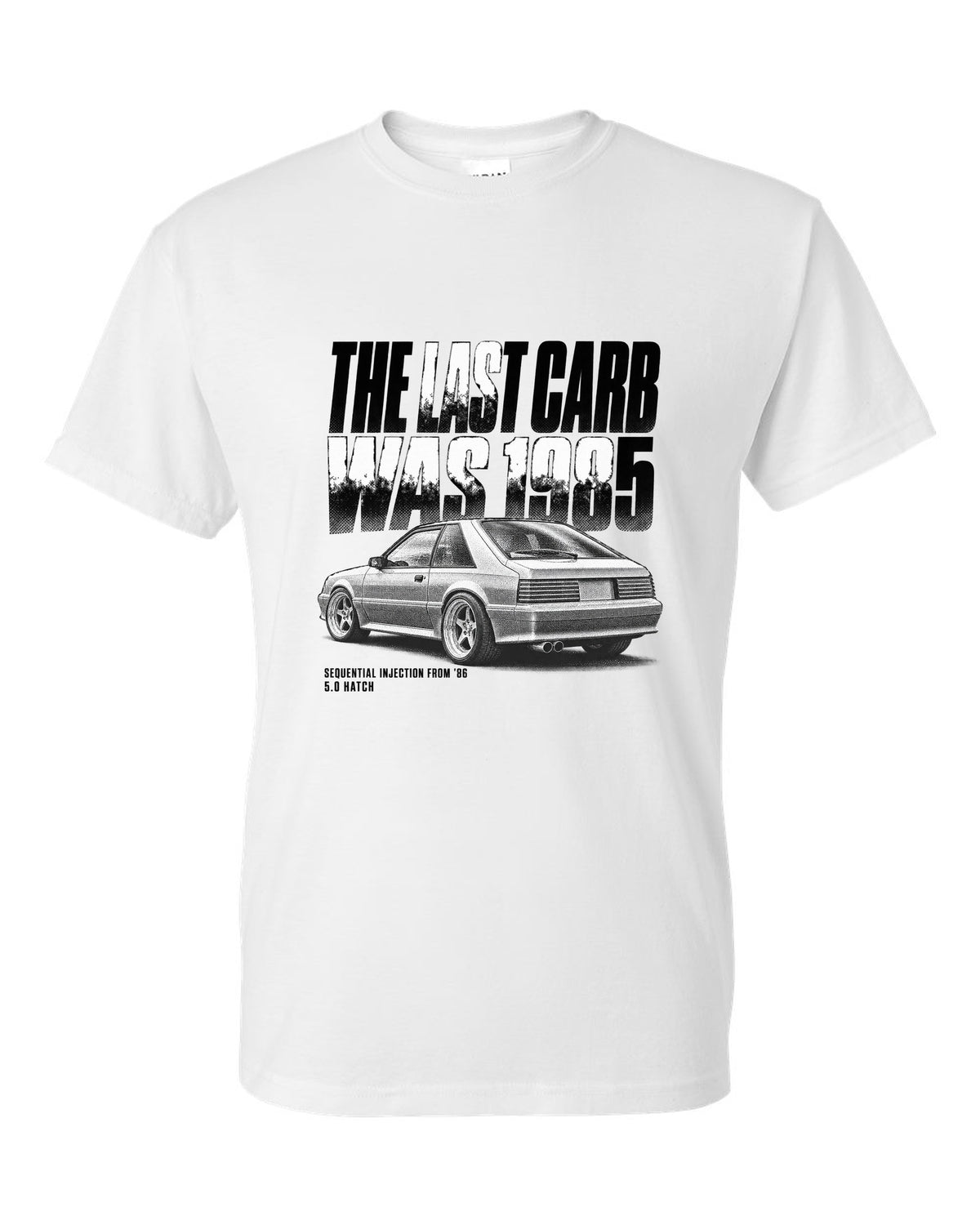 Halftone print of a 1986-89 Ford Mustang Fox Body GT chback white t-shirt front view with the design