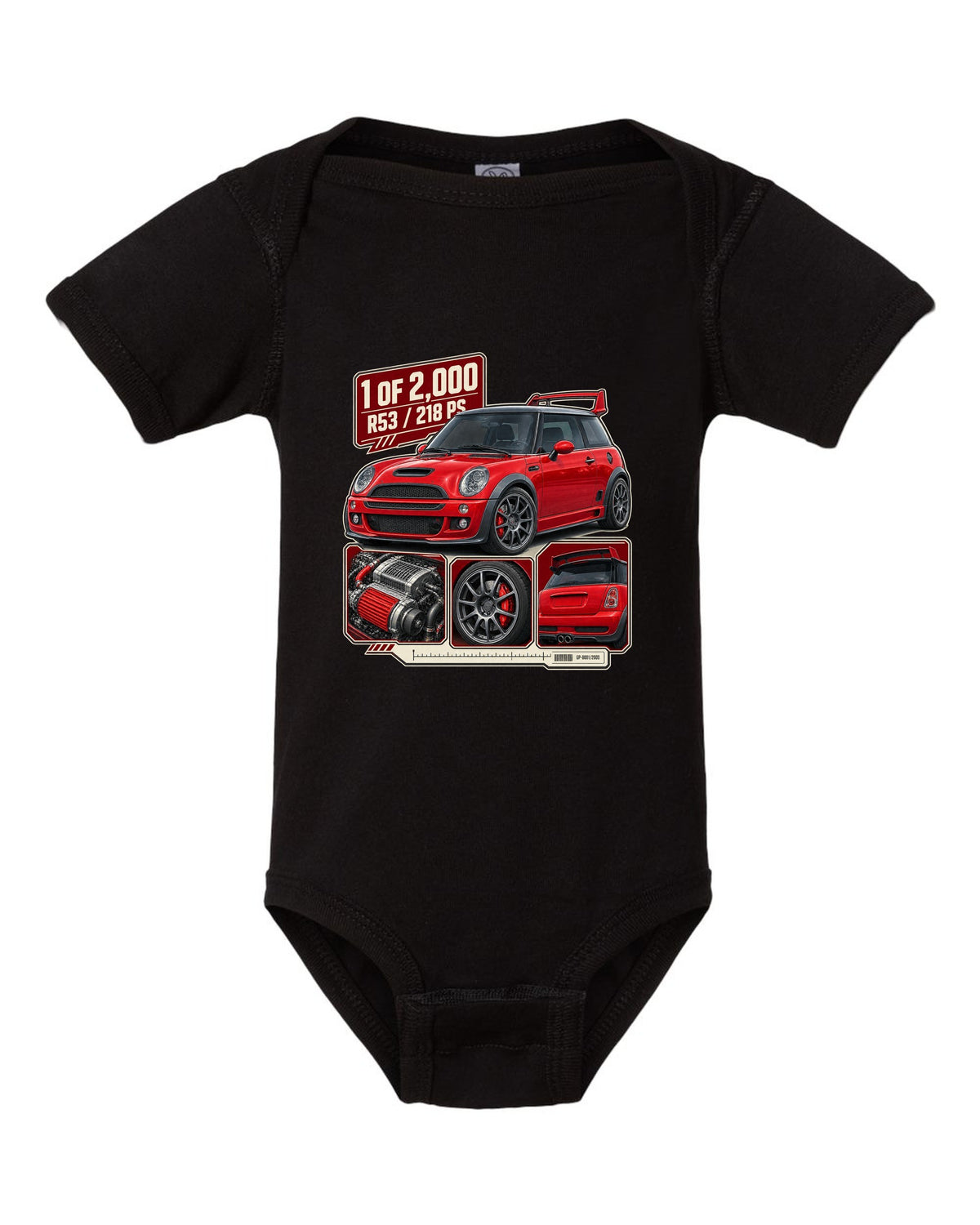 Dossier panel print for the Mini Cooper S Works GP R53 2006 showing 1 of 2,000 black baby onesie front view with the design