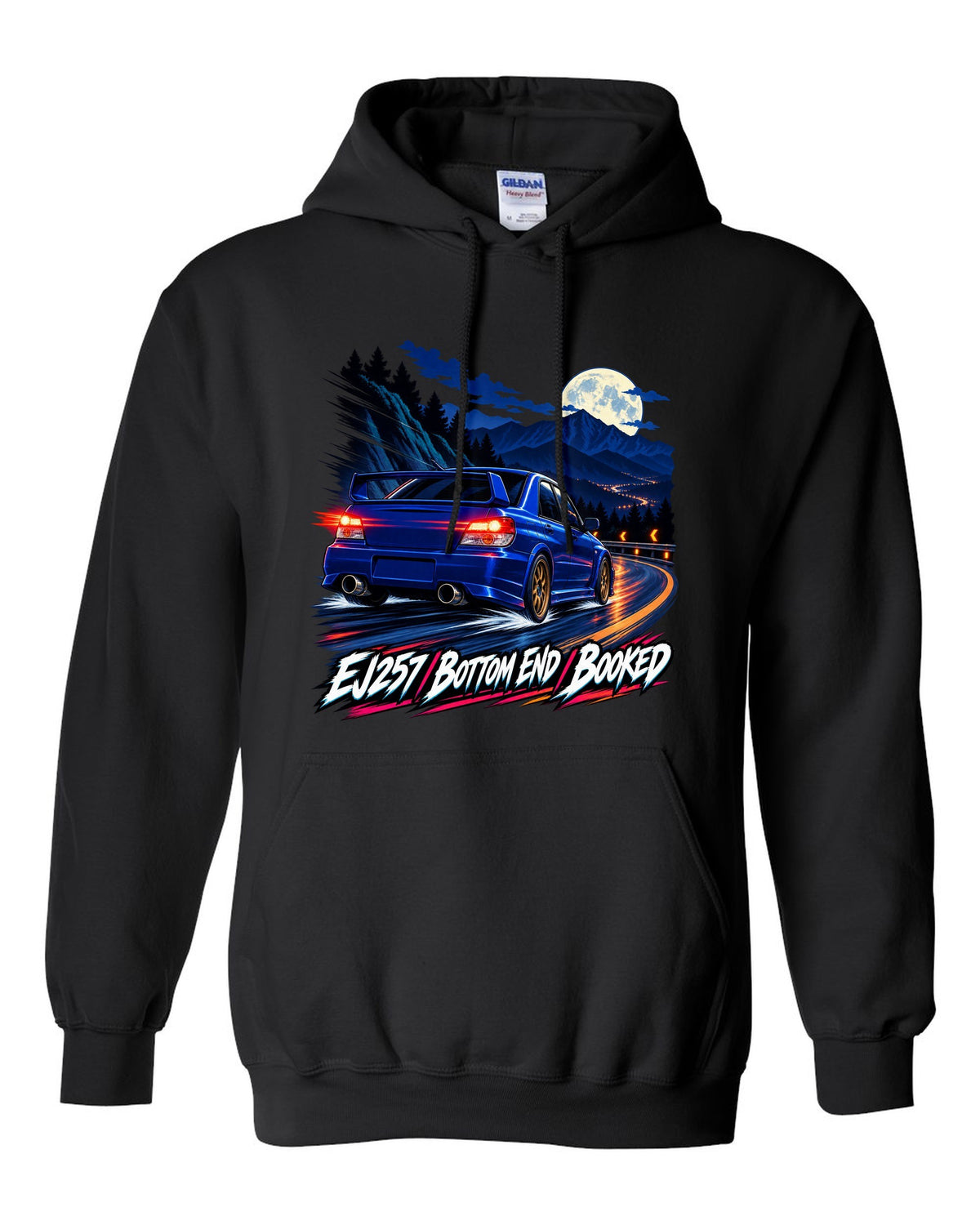 Racing-stripe livery print of a Subaru Impreza WRX GDB Blobeye black pull over hoodie front view with the design
