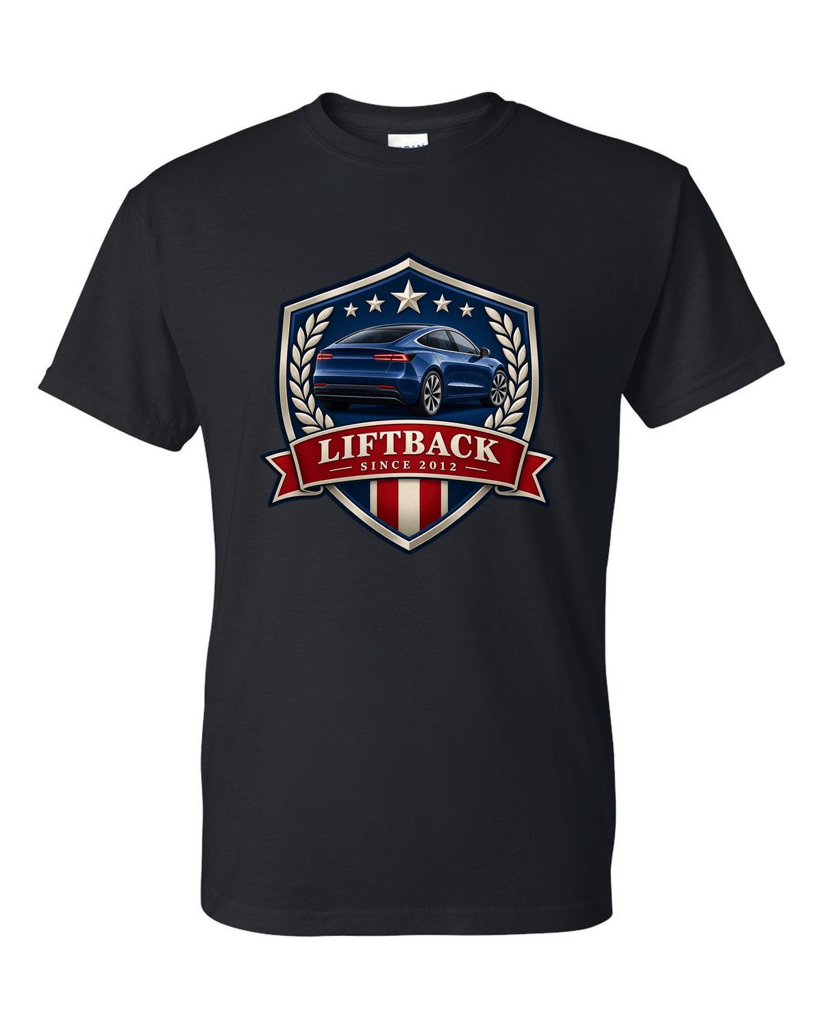 Original shield crest design of a 2021 Tesla Model S Plaid with the words Liftback Since 2012 black t-shirt front view with the design