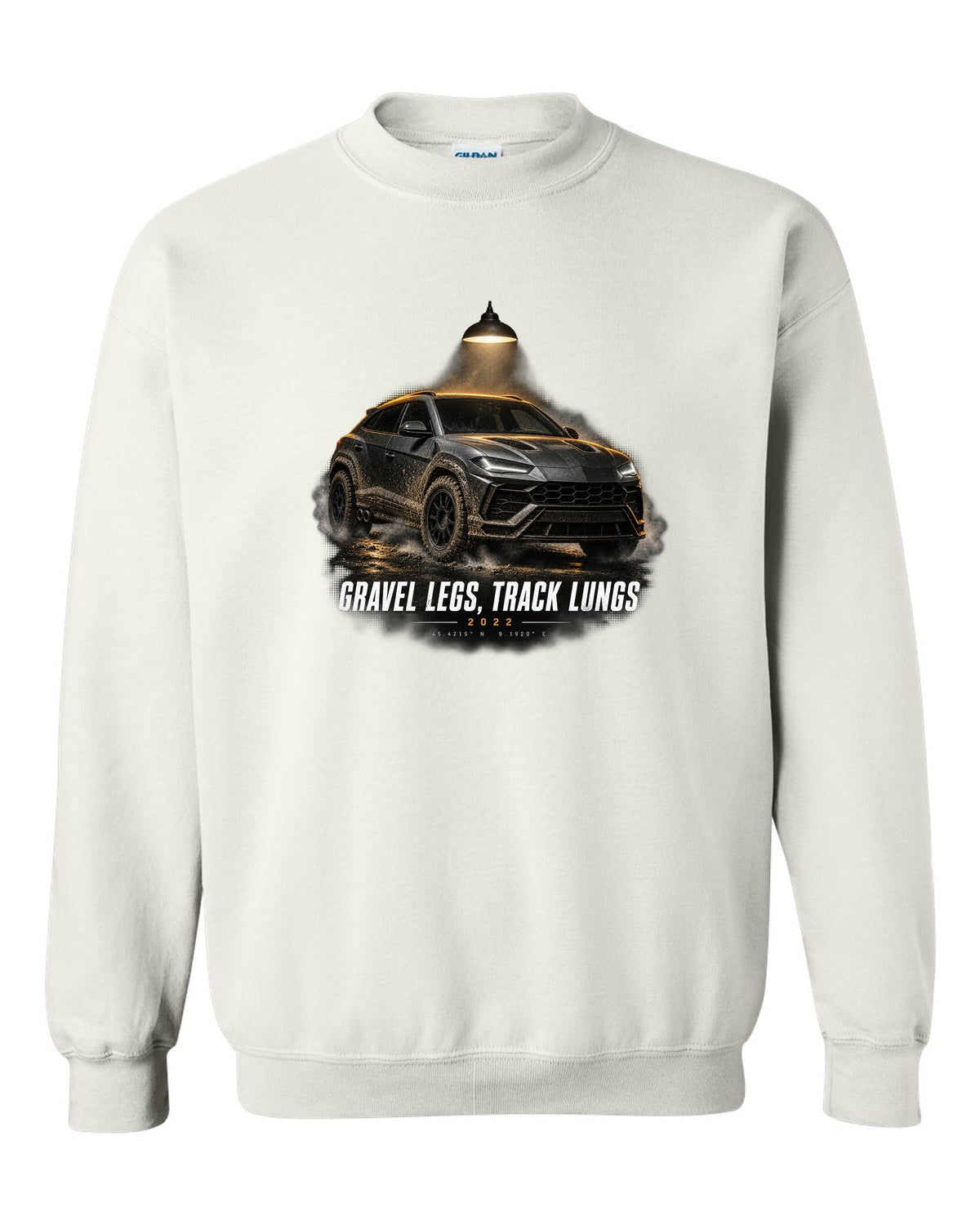 Lamborghini Urus Performante 2022 garage night print, gravel legs track lungs white crewneck front view with the design