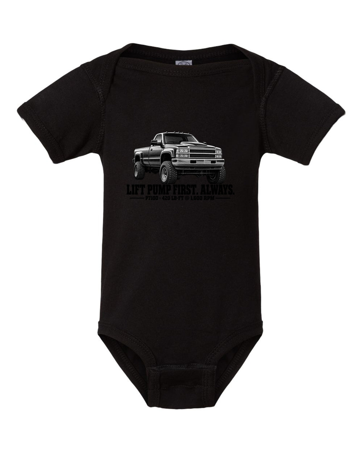 Halftone print of a 1994-98 Ram 2500 12V with lift pump advice and P7100 torque figures black baby onesie front view with the design