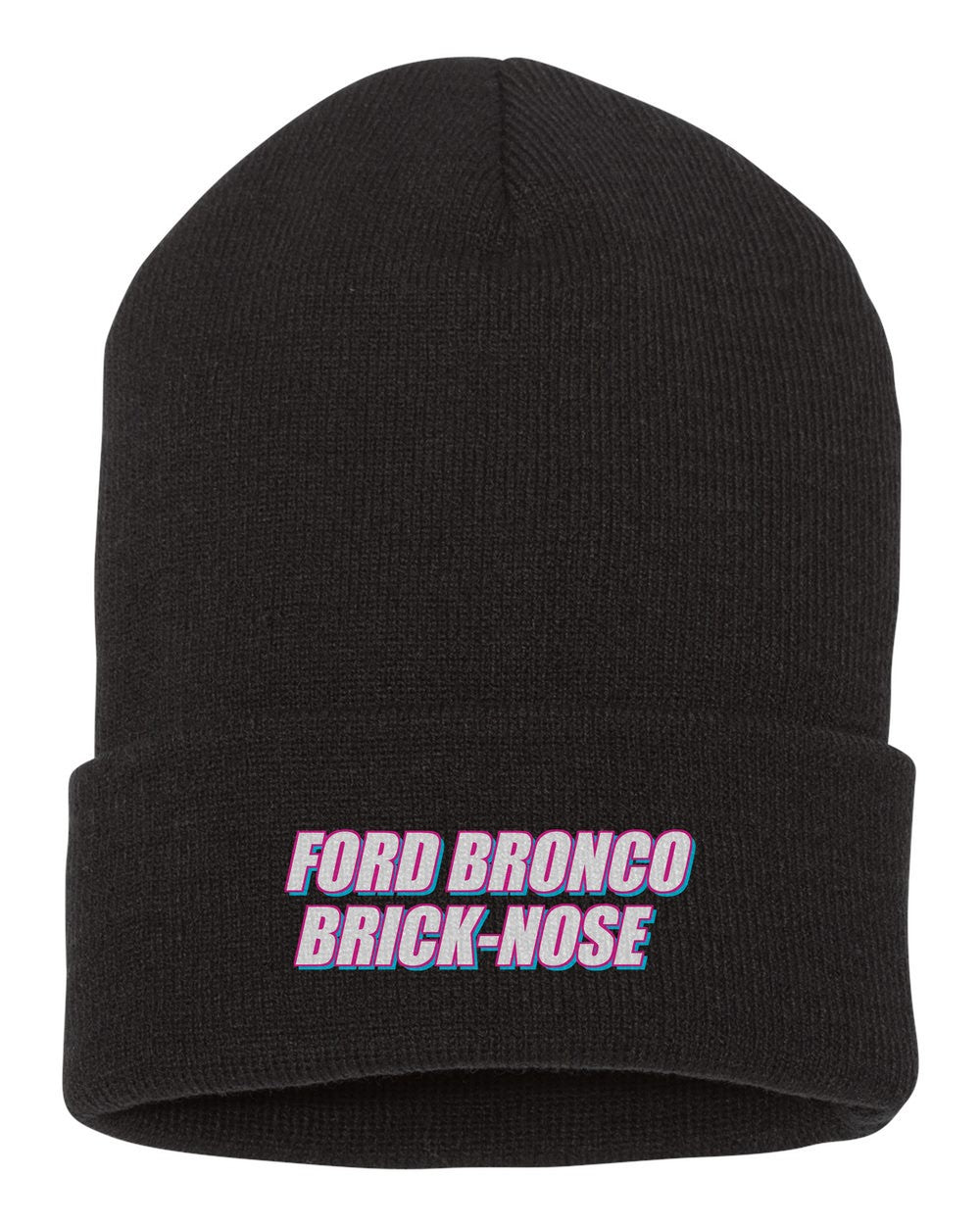 Ford Bronco Brick-Nose black beanie front view with car name