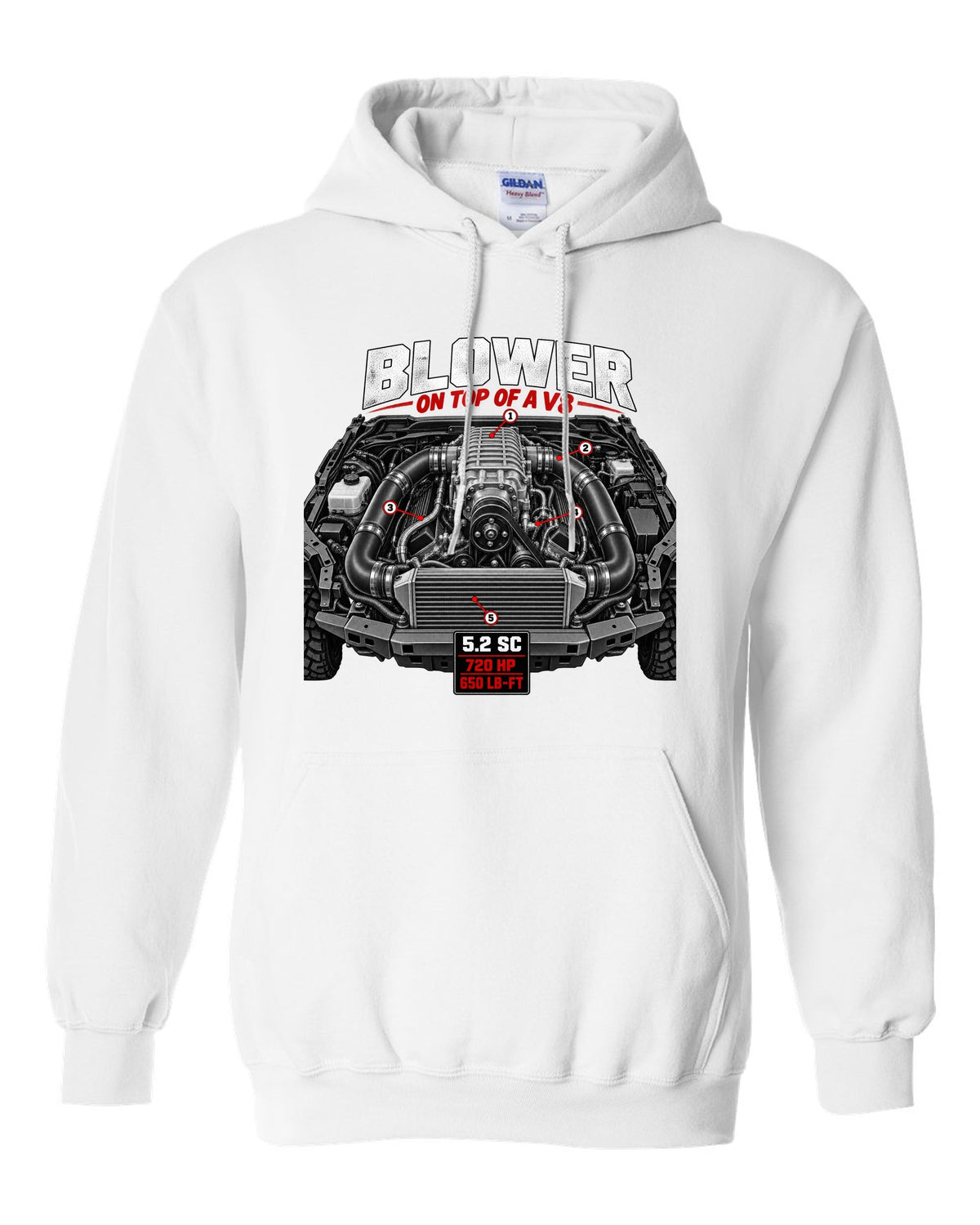 Ford F-150 Raptor R P702 engine hero print with 5.2 supercharged V8 and 720 HP white pull over hoodie front view with the design