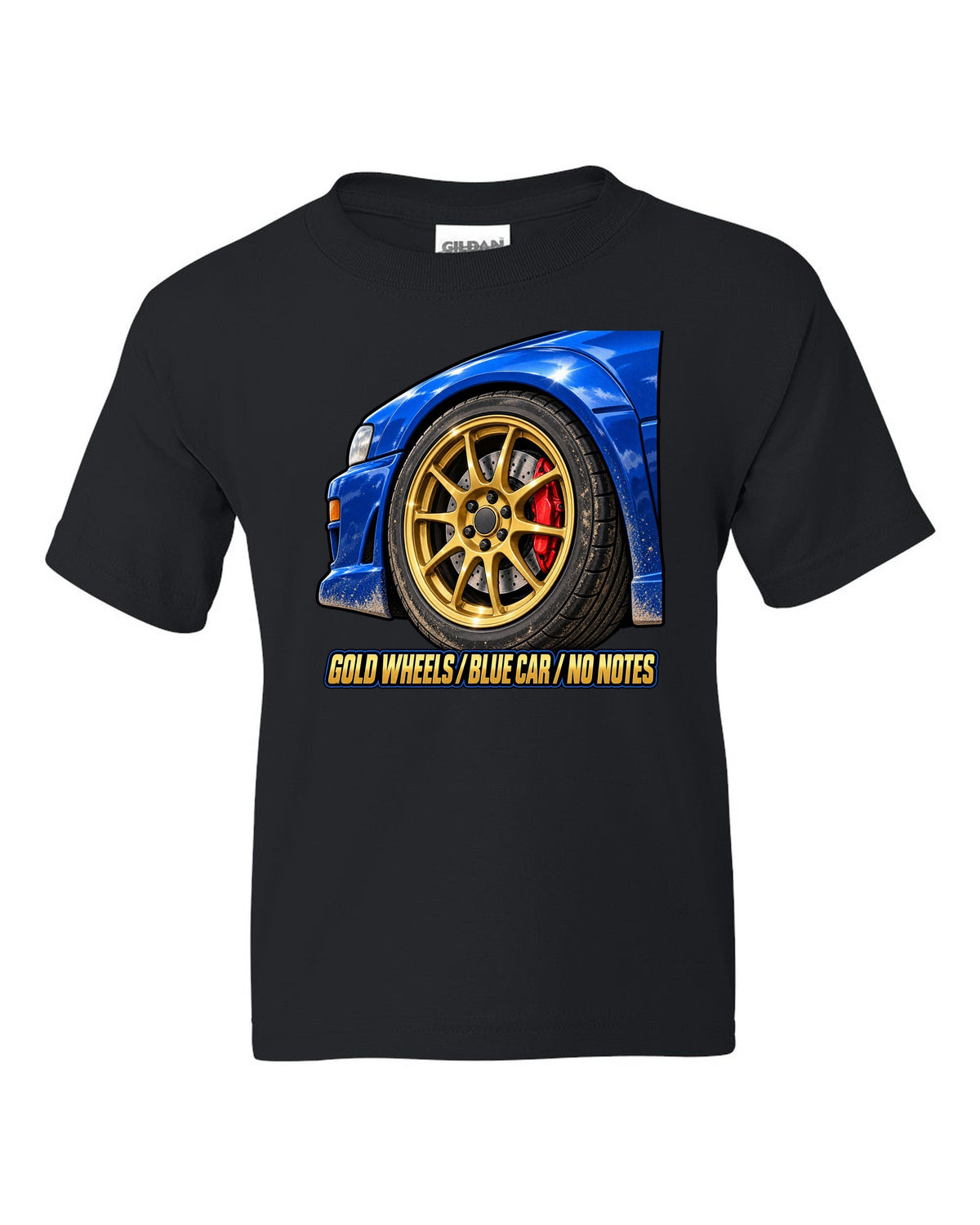 Subaru Impreza WRX GC8 painterly gold wheel close-up on a blue car, GOLD WHEELS / BLUE CAR / NO NOTES black kids tee front view with the design