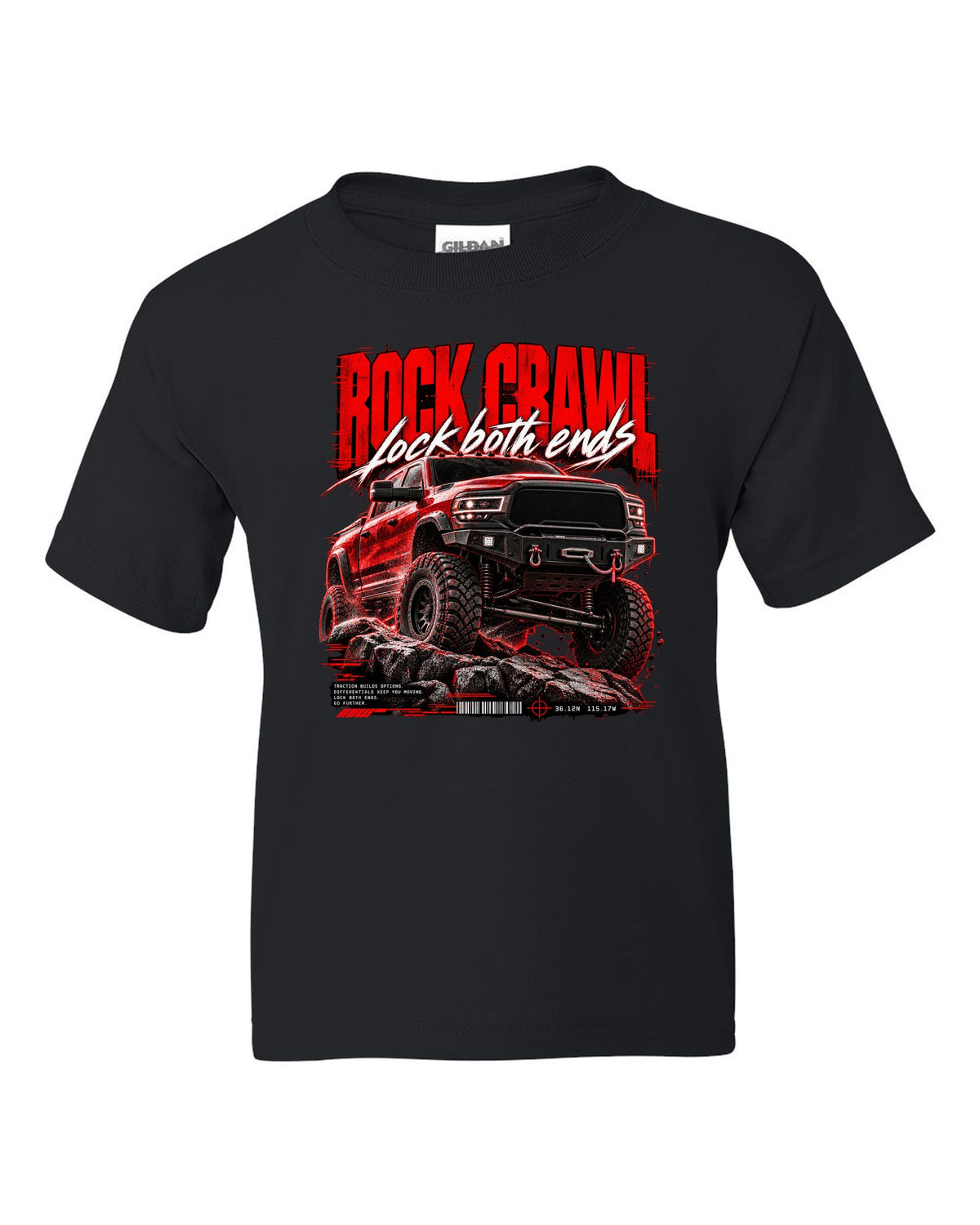 Street poster print of a 2019-2024 Ram 2500 Power Wagon with winch bumper black kids tee front view with the design