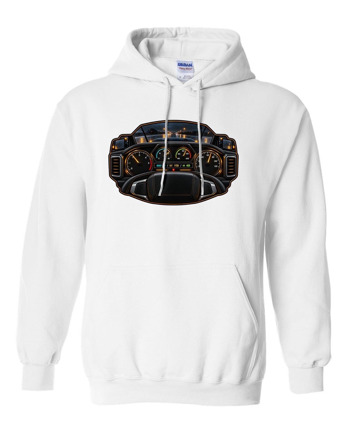 Night gauge-cluster HUD print of a 2019-2024 Ram HD 6.7 HO showing boost 32 EGT 1150 HO 400 white pull over hoodie front view with the design