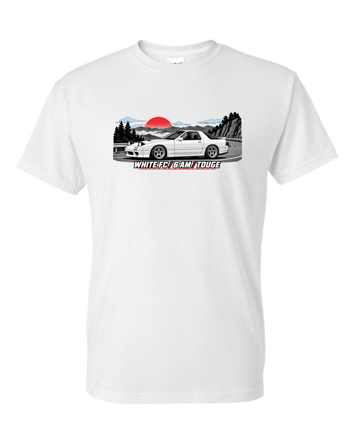 Pixel art print of a Mazda RX-7 SA22C with the text Compression, W's T white t-shirt front view with the design