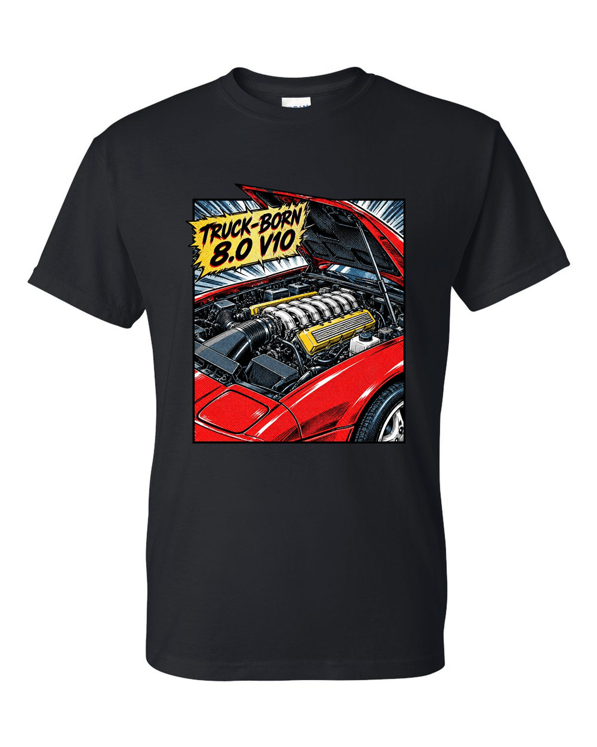 Retro manga halftone panel of a 1993 Dodge Viper RT/10 SR I with 8.0 V10 caption black t-shirt front view with the design