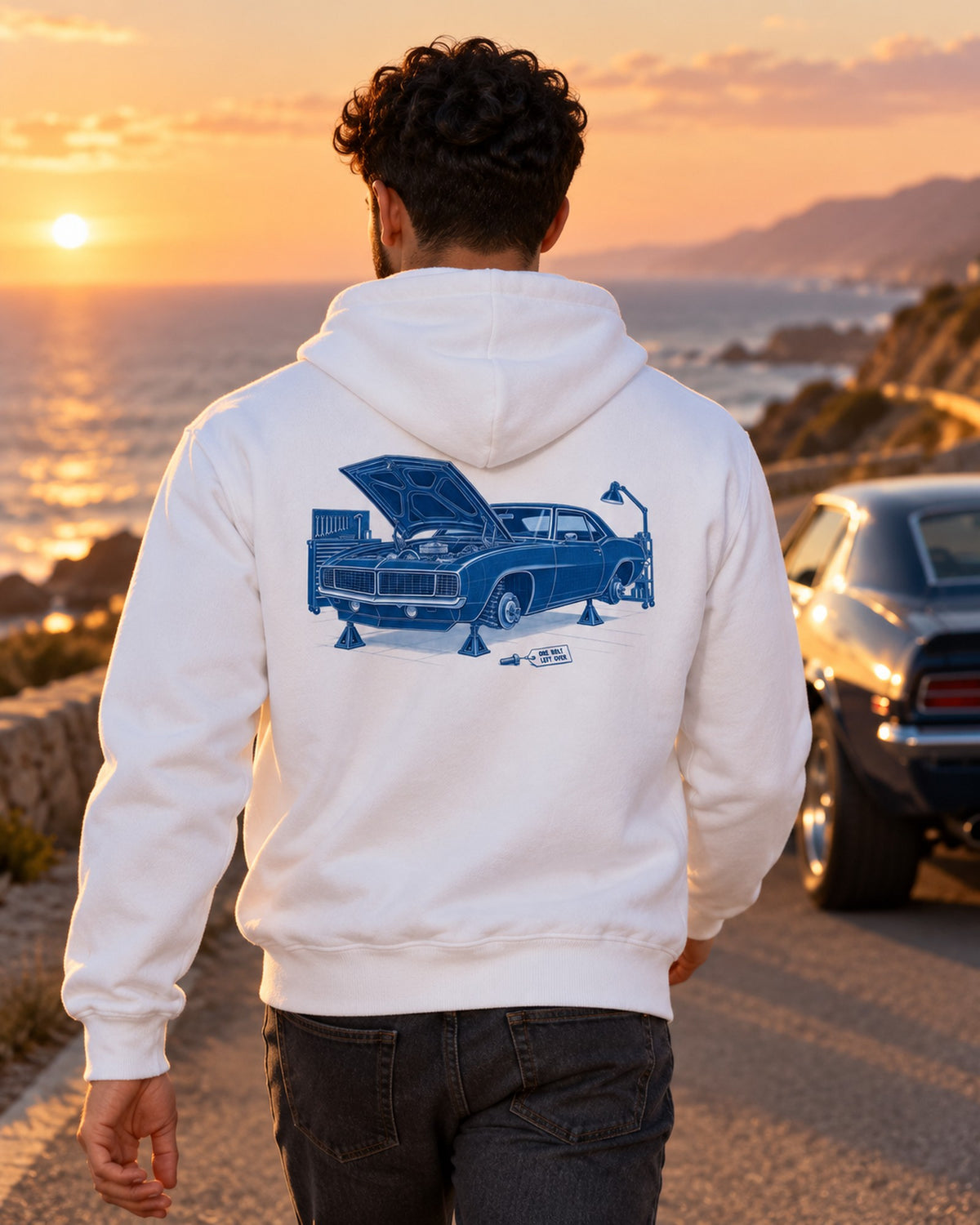1969 Camaro Cyanotype Shirt, One Bolt Left Over Garage Tee Zip Hoodie White worn hero