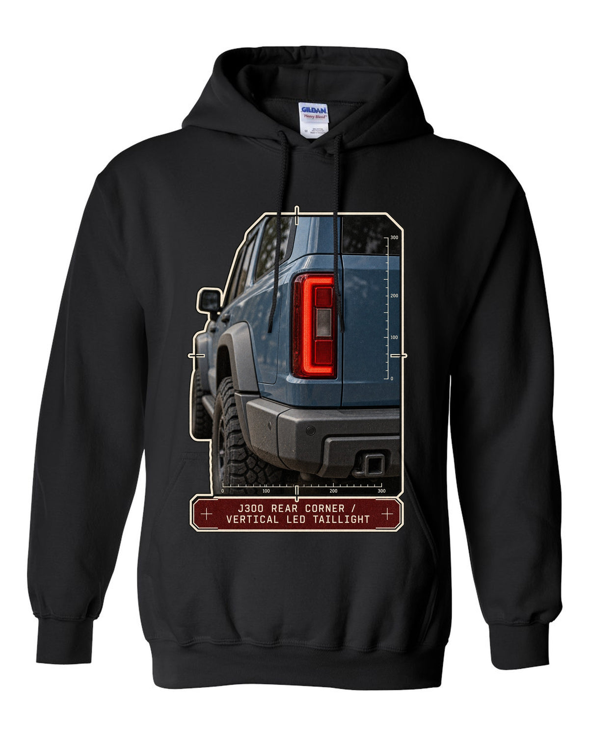 Close-up of Toyota Land Cruiser 300 J300 vertical LED taillight black pull over hoodie front view with the design