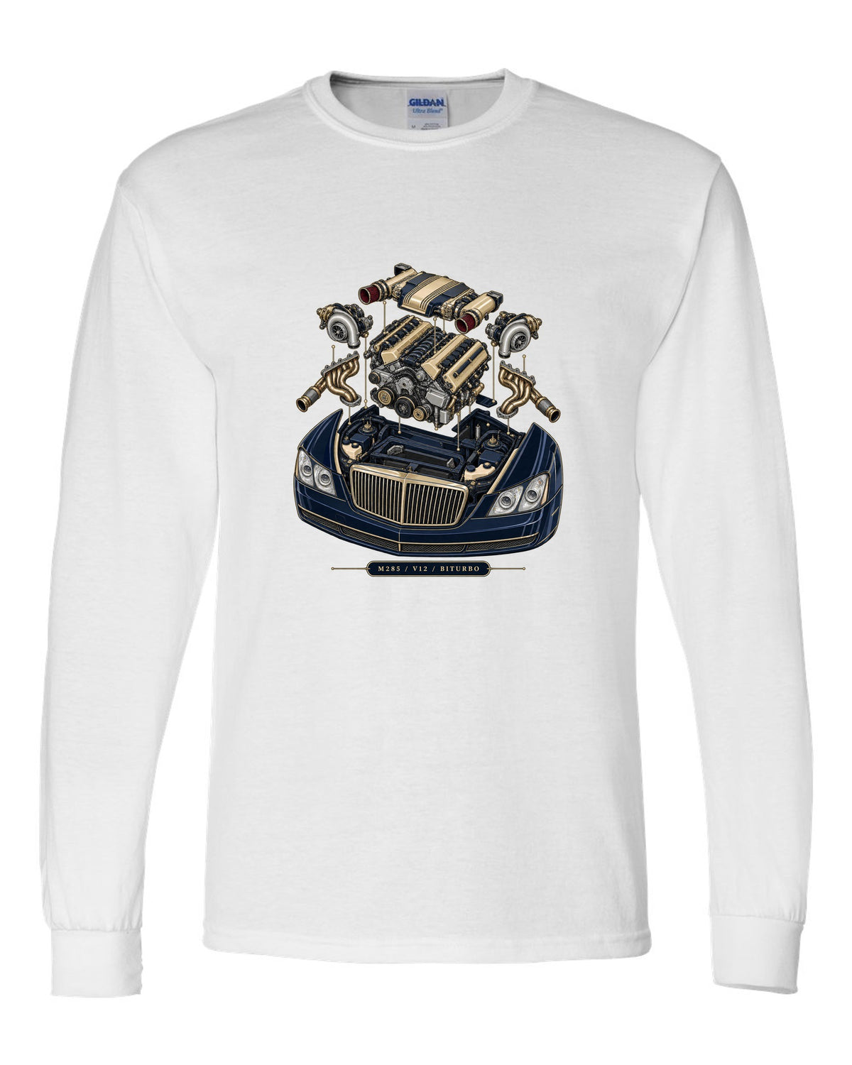 Pastel vaporwave rear view of the one-off Maybach Exelero on a shirt back white long sleeve front view with the design