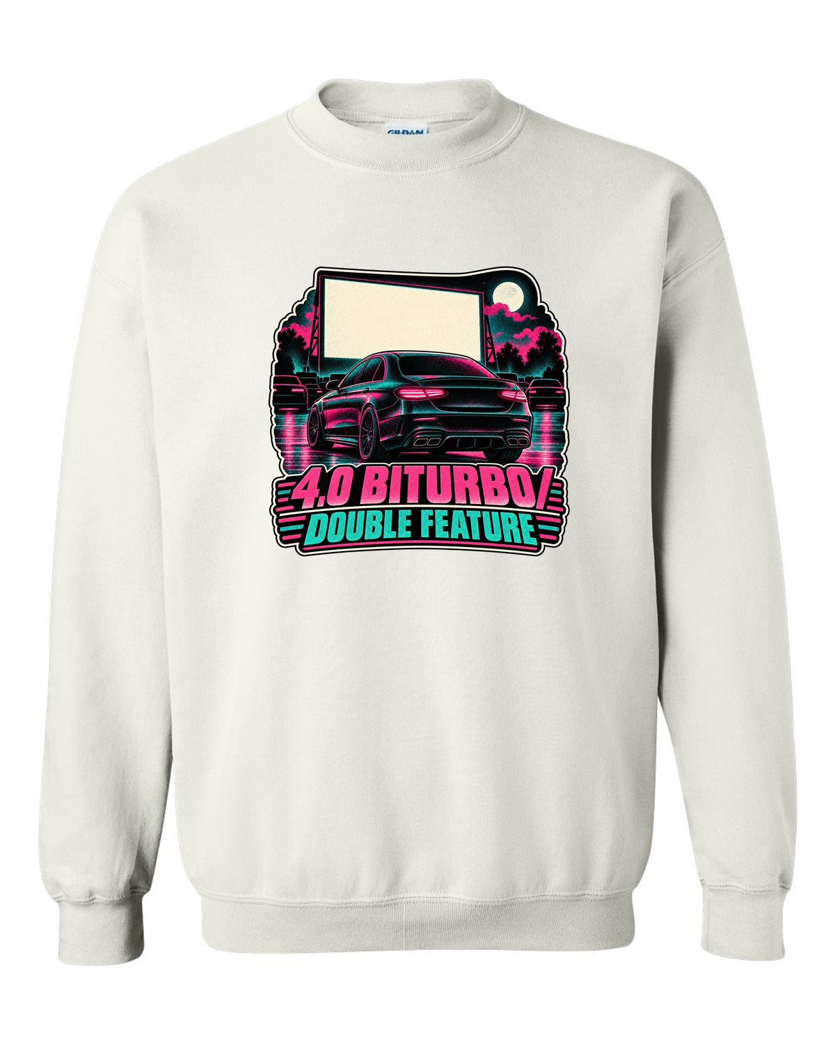 Risograph halftone drive-in poster graphic for a Mercedes E63 W213 4.0 biturbo, print white crewneck front view with the design