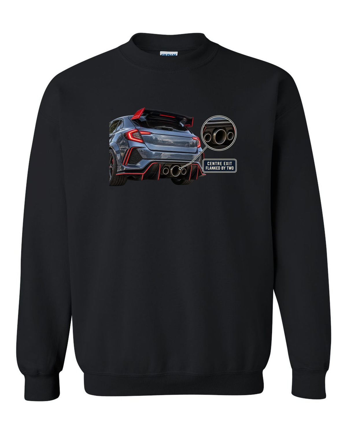 print rear close-up of a Honda Civic Type R FK8 with triple exhaust outlets black crewneck front view with the design