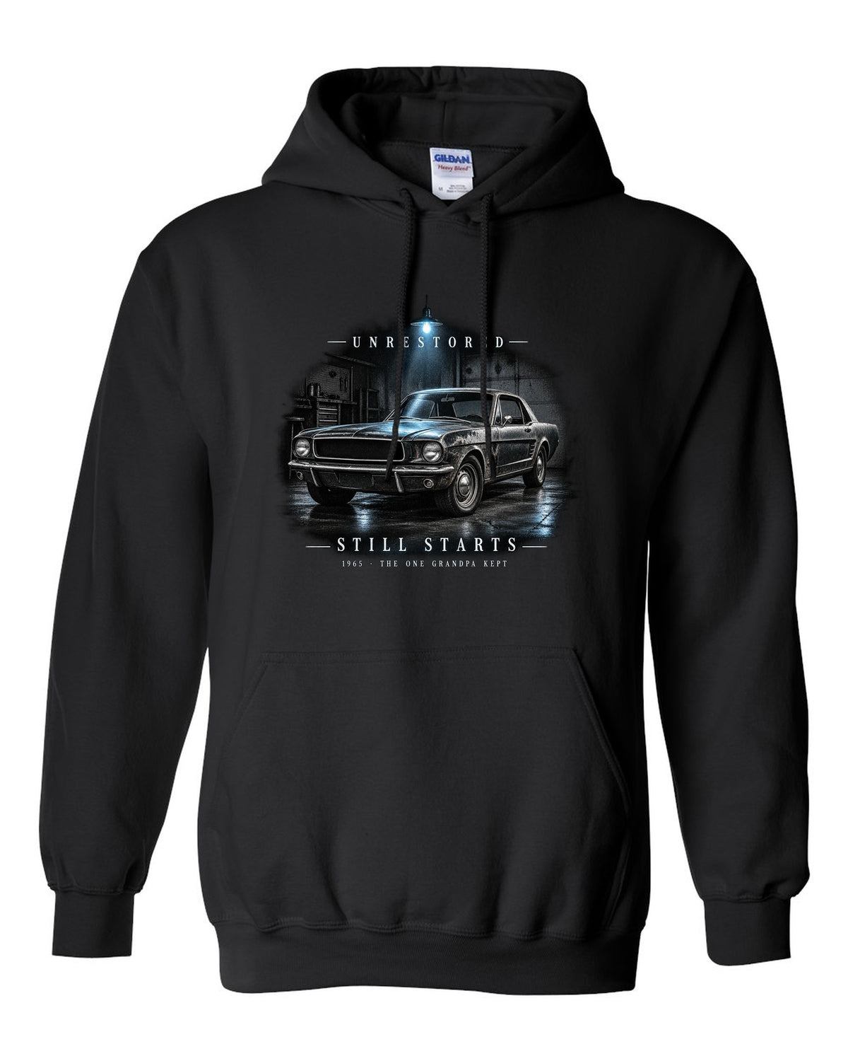Garage night illustration of a white 1965 Ford Mustang coupe with unrestored still starts lettering black pull over hoodie front view with the design