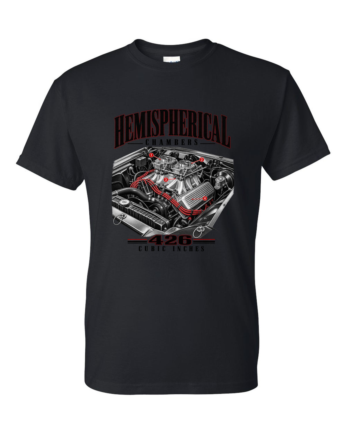 Engine hero print of a 1970 Plymouth Cuda E-body 426 Hemi black t-shirt front view with the design