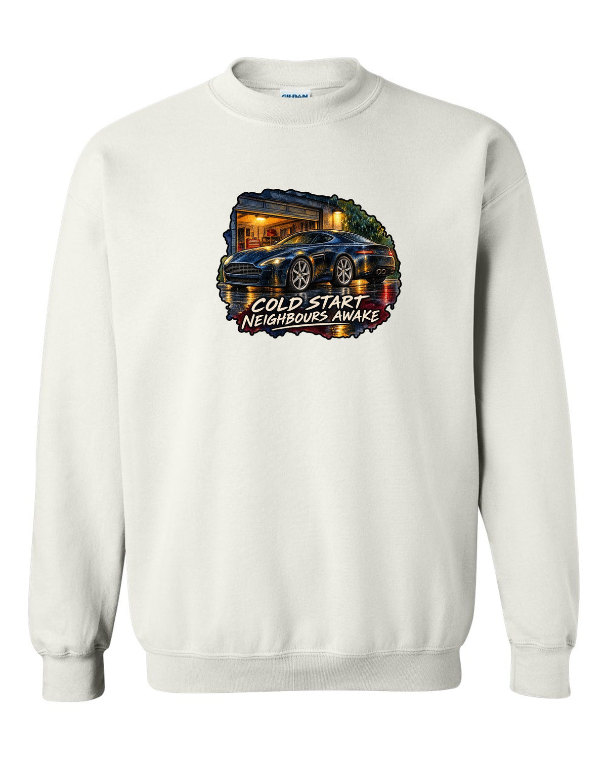 Aston Martin V8 Vantage watercolour wet-road night with COLD START NEIGHBOURS AWAKE white crewneck front view with the design