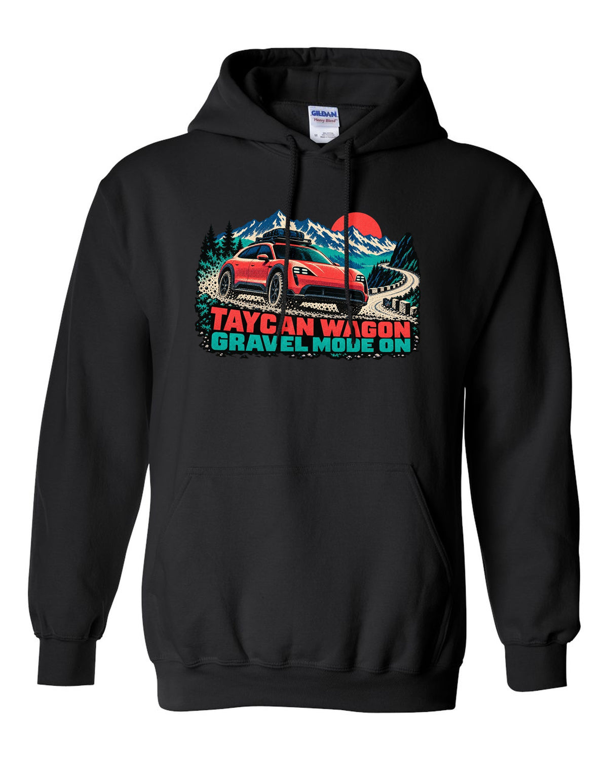 Porsche Taycan Cross Turismo Y1B risograph print with the text Taycan wagon gravel mode on black pull over hoodie front view with the design