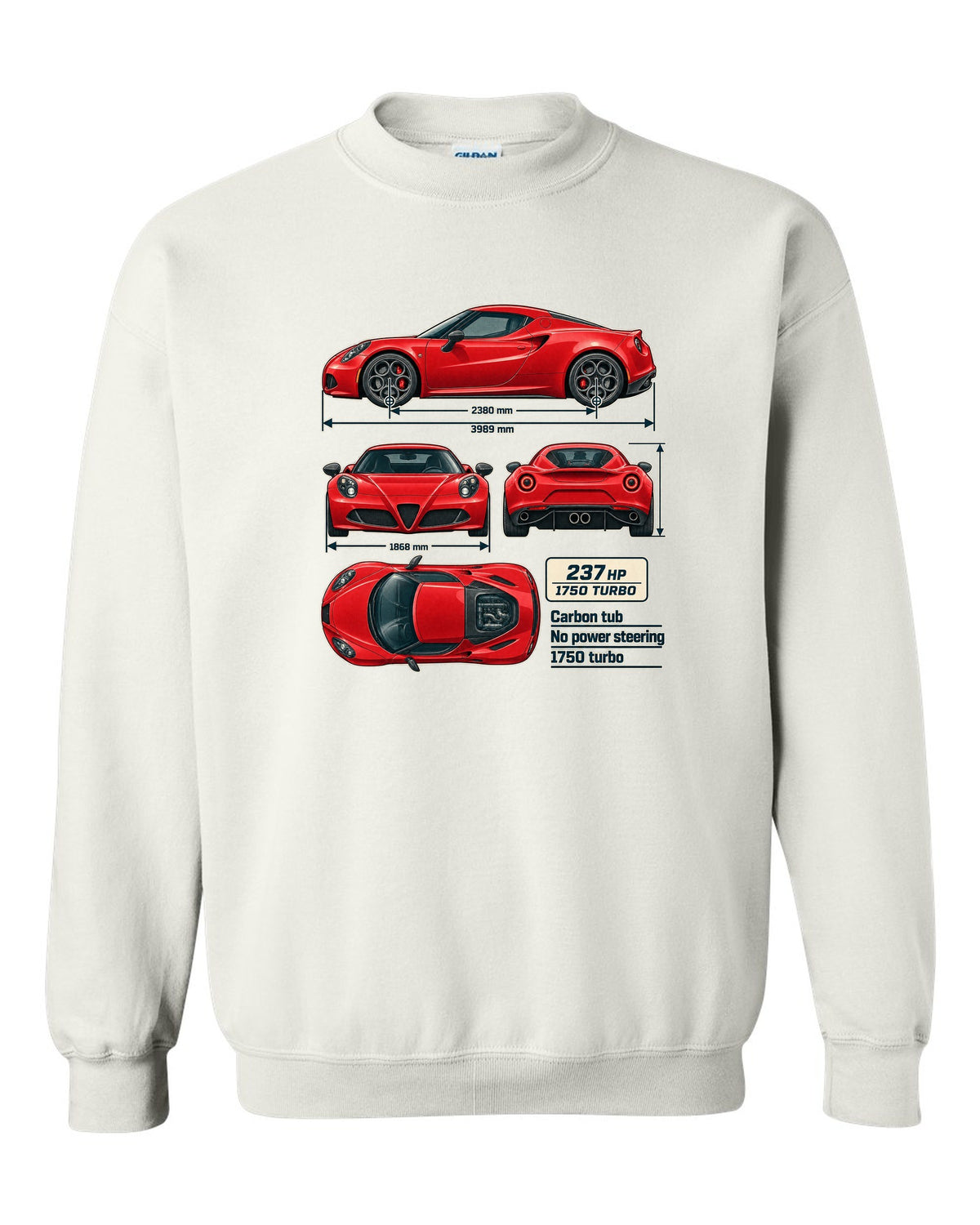 Dimension blueprint print of the Alfa Romeo 4C coupe with carbon tub and 1750 turbo callouts white crewneck front view with the design