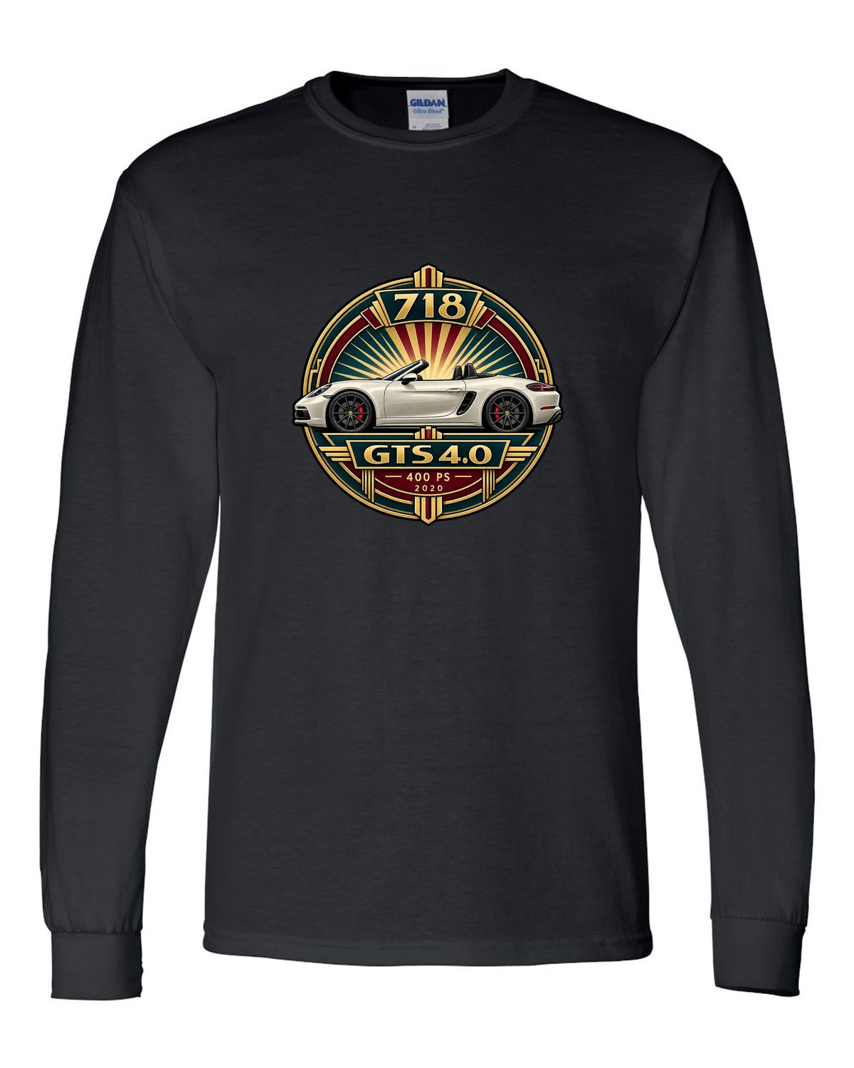 Art deco poster crest design for the Porsche 718 Boxster GTS 4.0 with 400 PS and 2020 lettering black long sleeve front view with the design