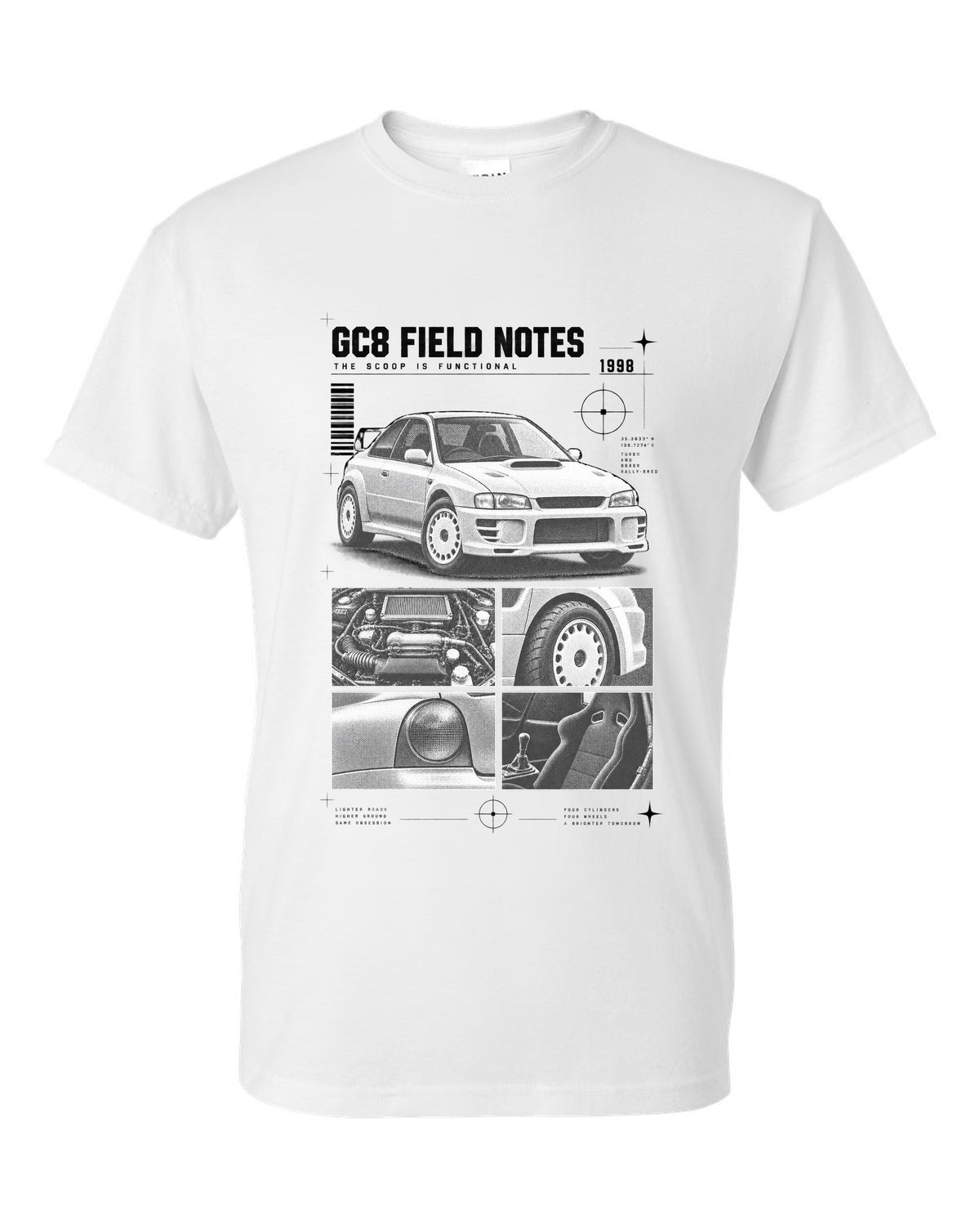 Subaru Impreza WRX GC8 coupe 1998 field notes dossier panels white t-shirt front view with the design