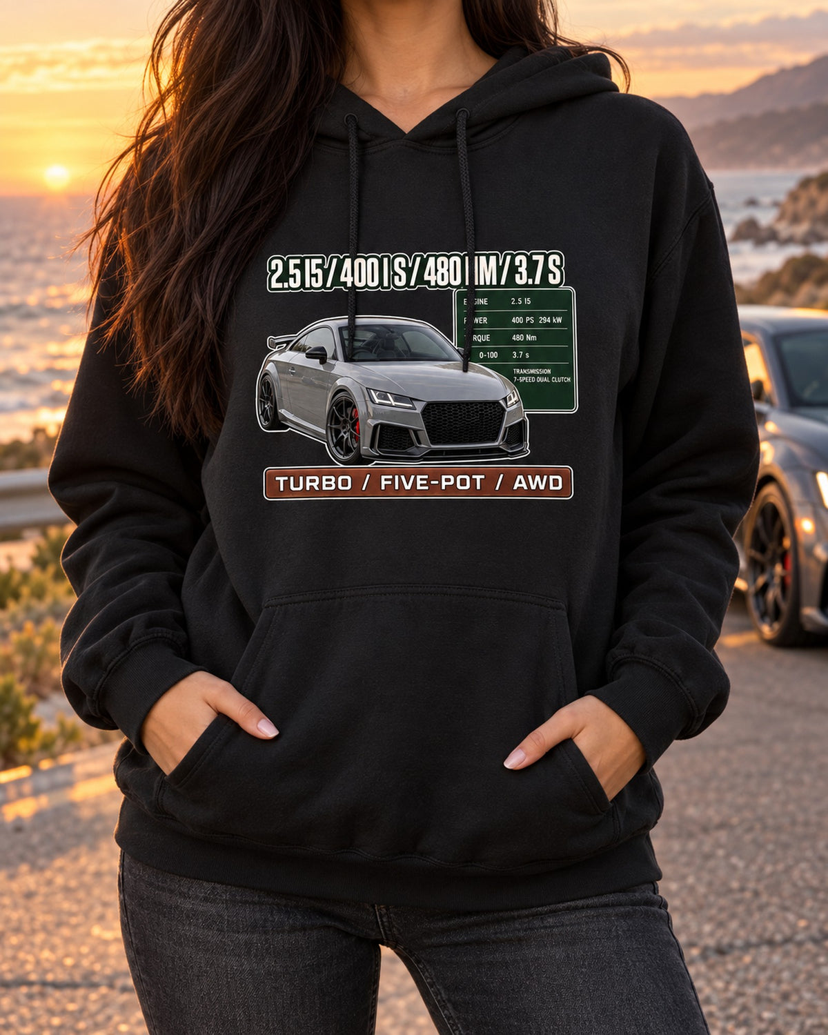 Audi TT RS 8S Spec Poster Shirt, 2.5 I5 400 PS print Pull Over Hoodie Black worn hero