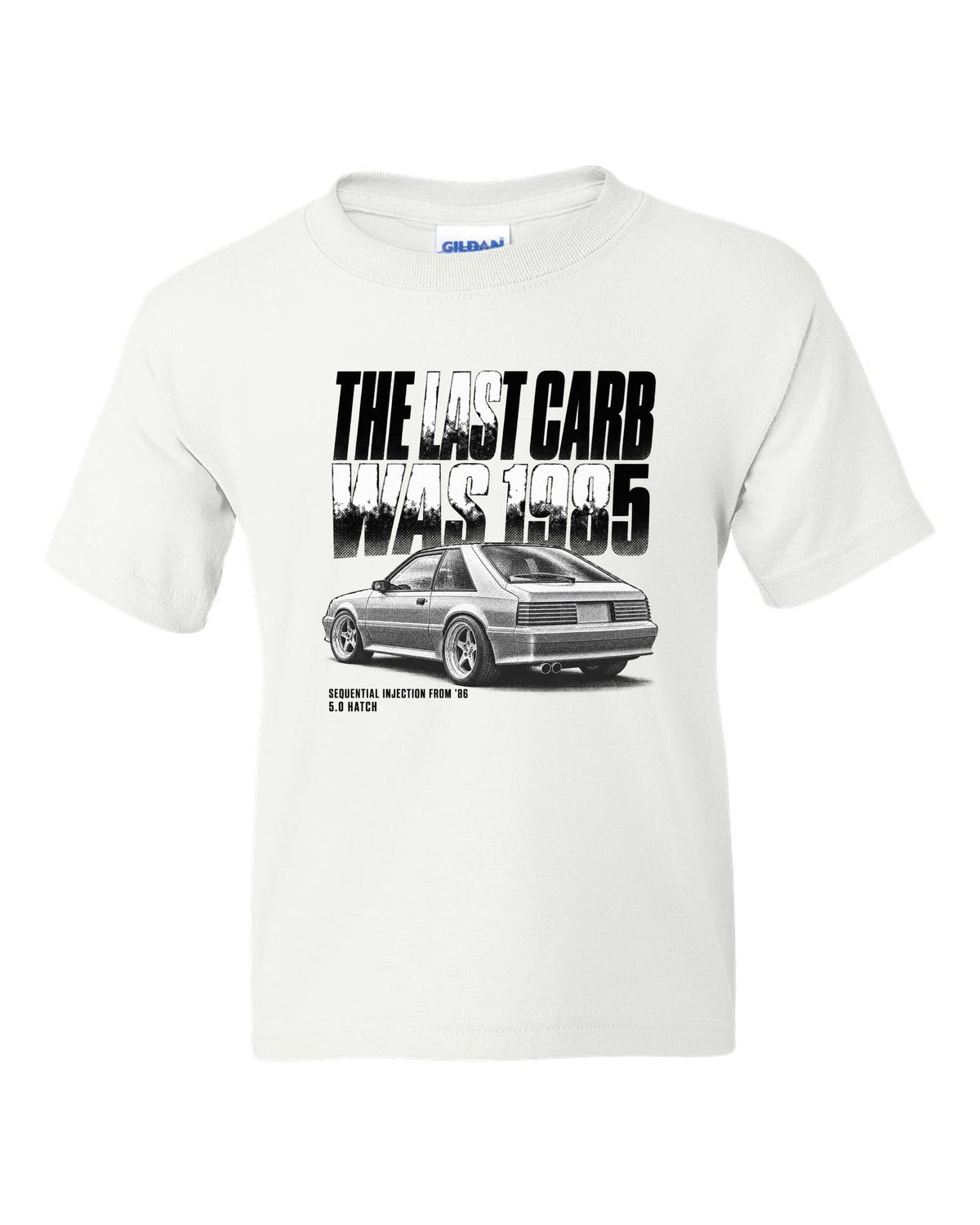 Halftone print of a 1986-89 Ford Mustang Fox Body GT chback white kids tee front view with the design