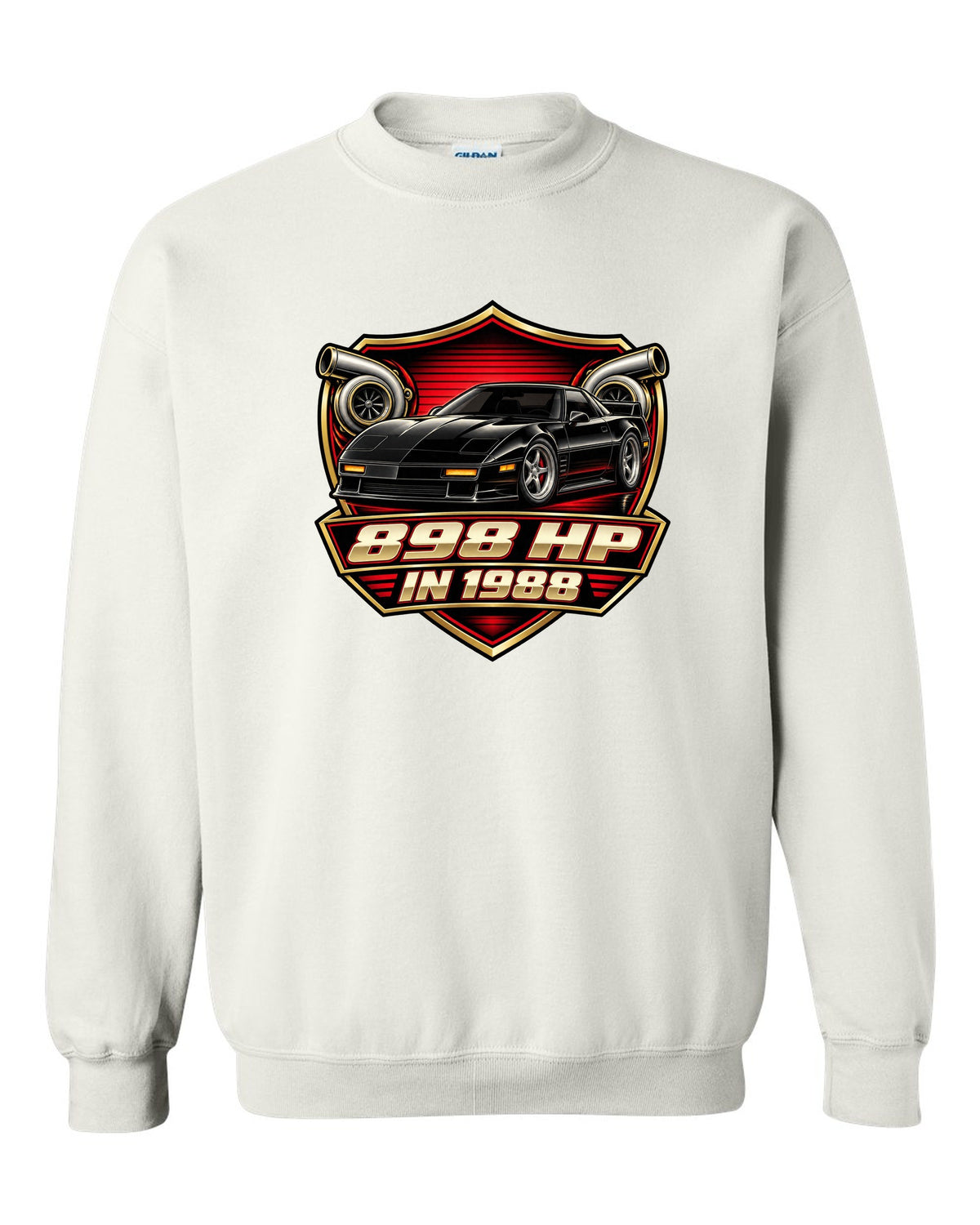 Badge crest design of a 2024 C8 hybrid AWD Corvette with 898 hp lettering white crewneck front view with the design